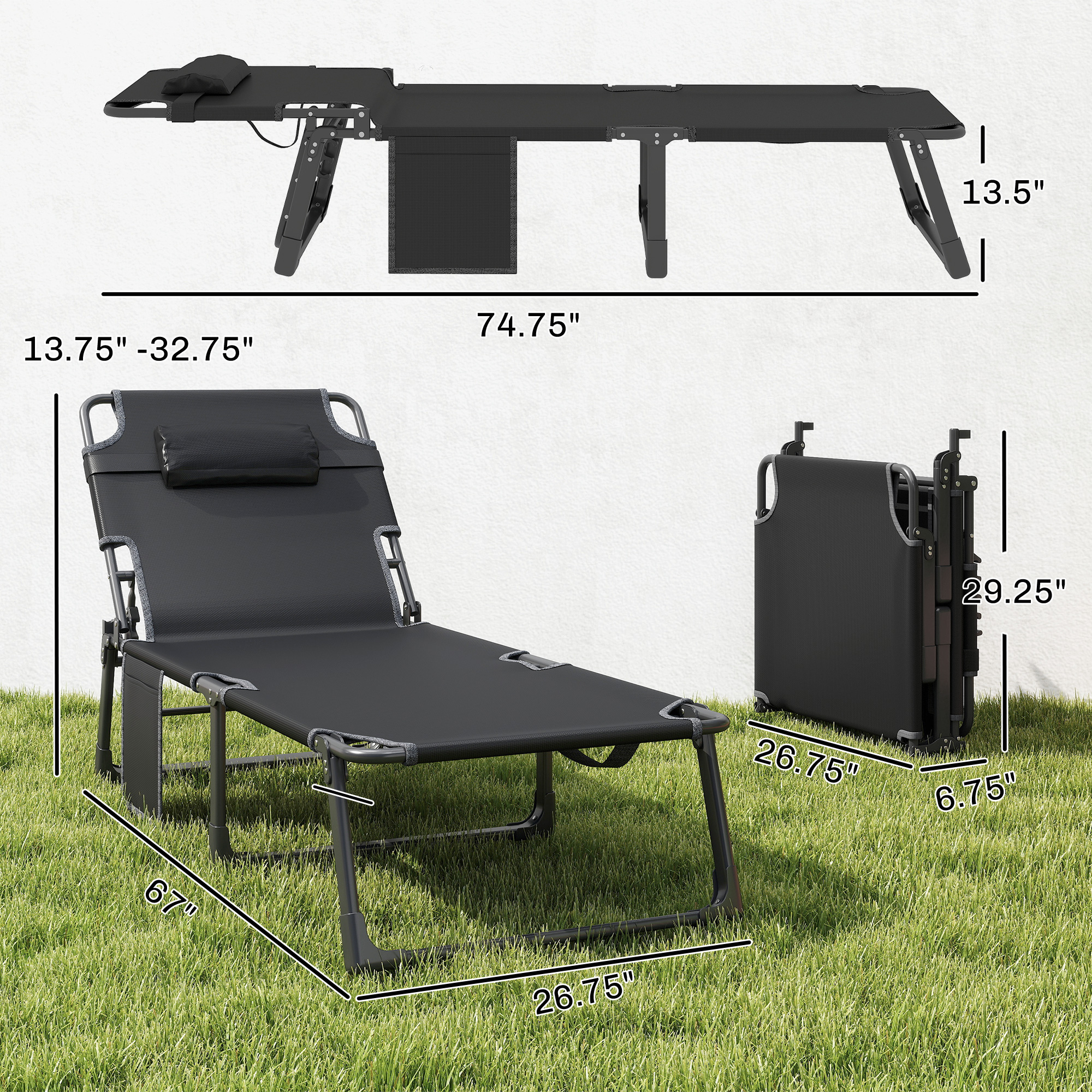  Folding Chaise Lounge Chair Outdoor Tanning Chair with 5-Position Backrest, Cushion, Side Pocket, Dark Gray