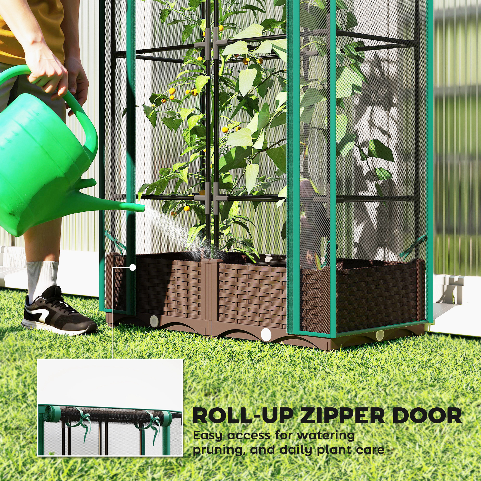  Raised Garden Bed with Trellis, 46.5" Tomato Cage with Crop Cage, Self Watering Planter Box with Drainage Holes, Green