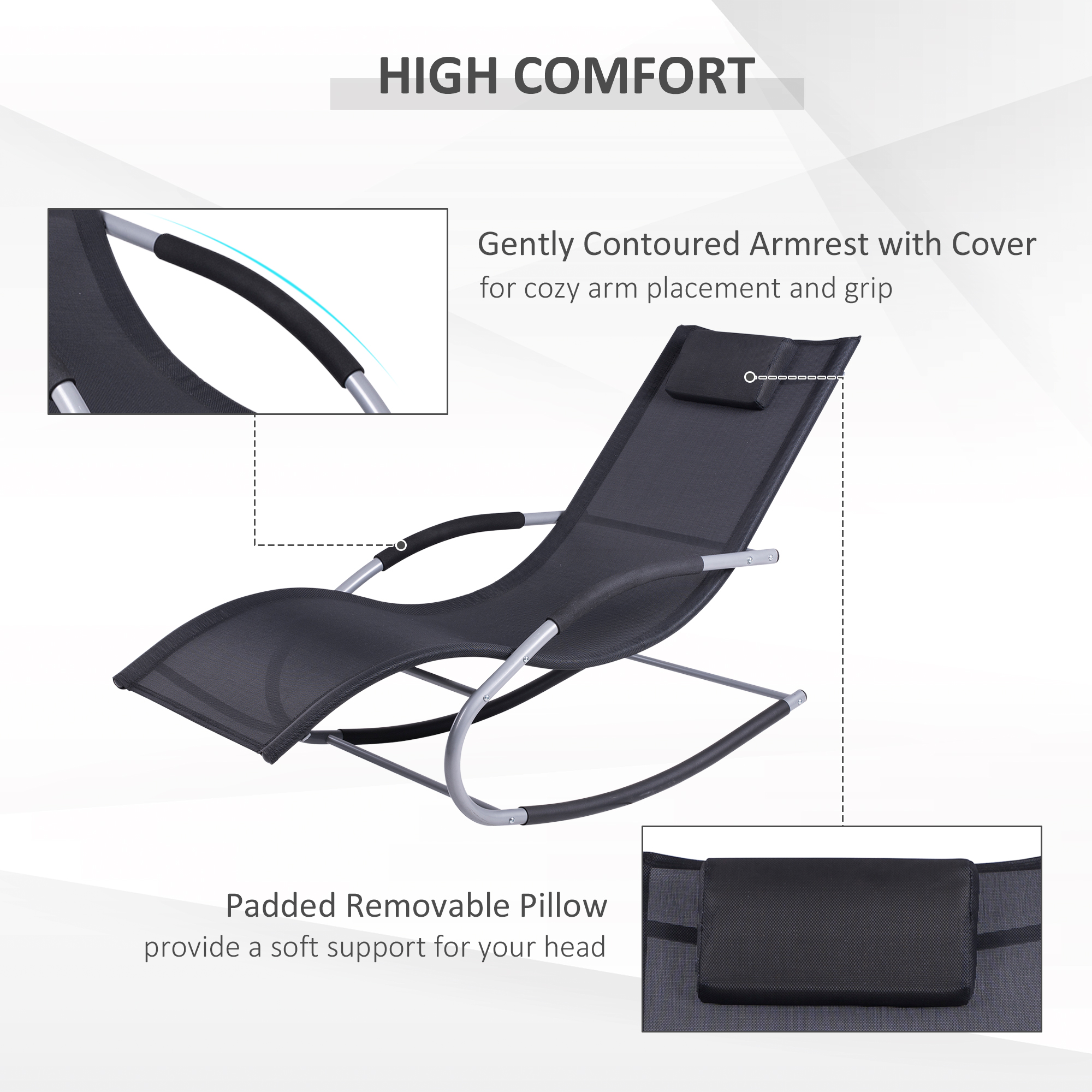  Zero Gravity Rocking Chair Outdoor Chaise Lounge Chair Recliner Rocker with Detachable Pillow and Weather-Fighting Fabric for Patio, Deck, Pool, Black