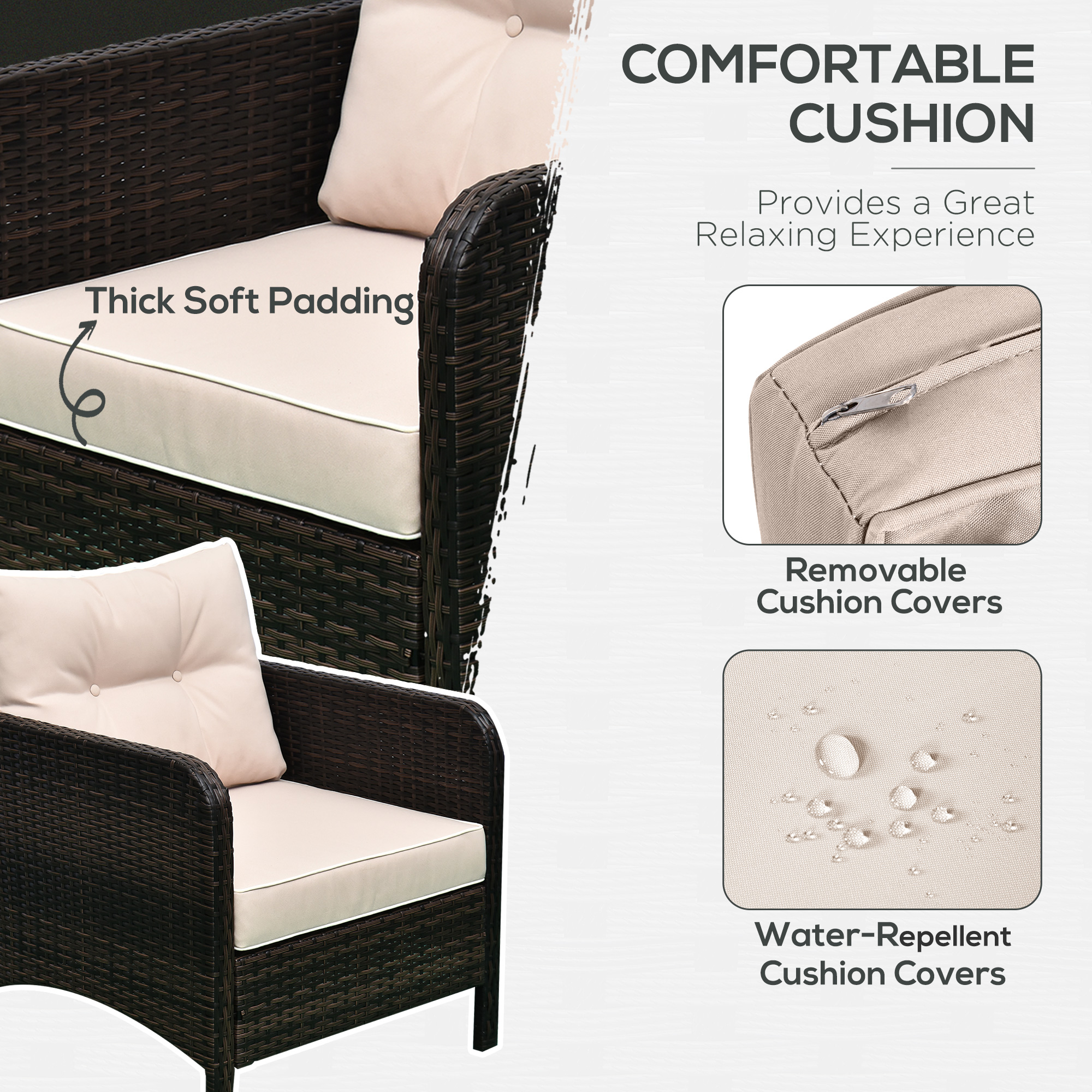  5 Pieces Rattan Wicker Lounge Chair Outdoor Patio Conversation Set with 2 Cushioned Chairs, 2 Ottomans and Tempered Glass Top Coffee Table, Brown/Beige