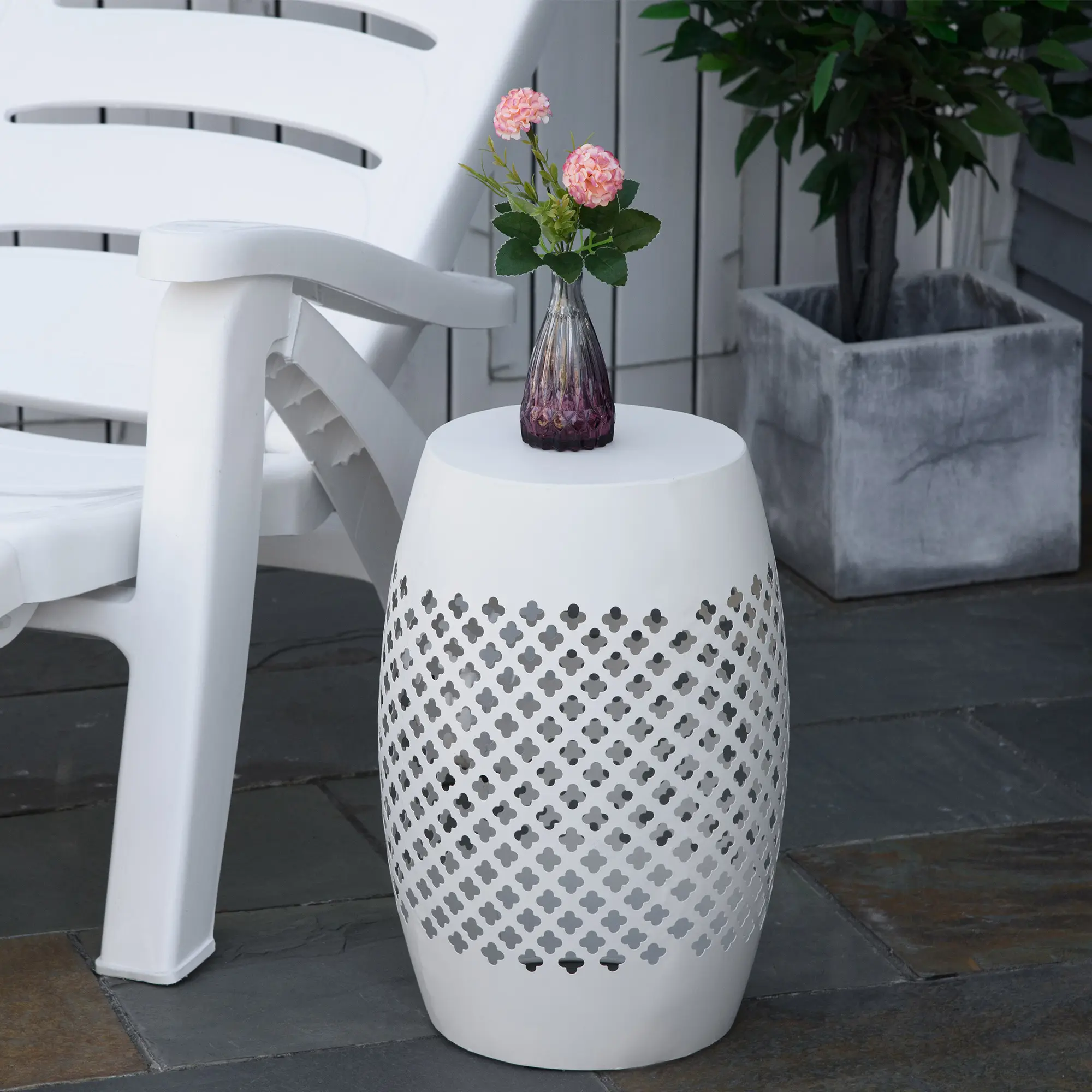 12" Steel Outdoor Side Table, Round Hollow