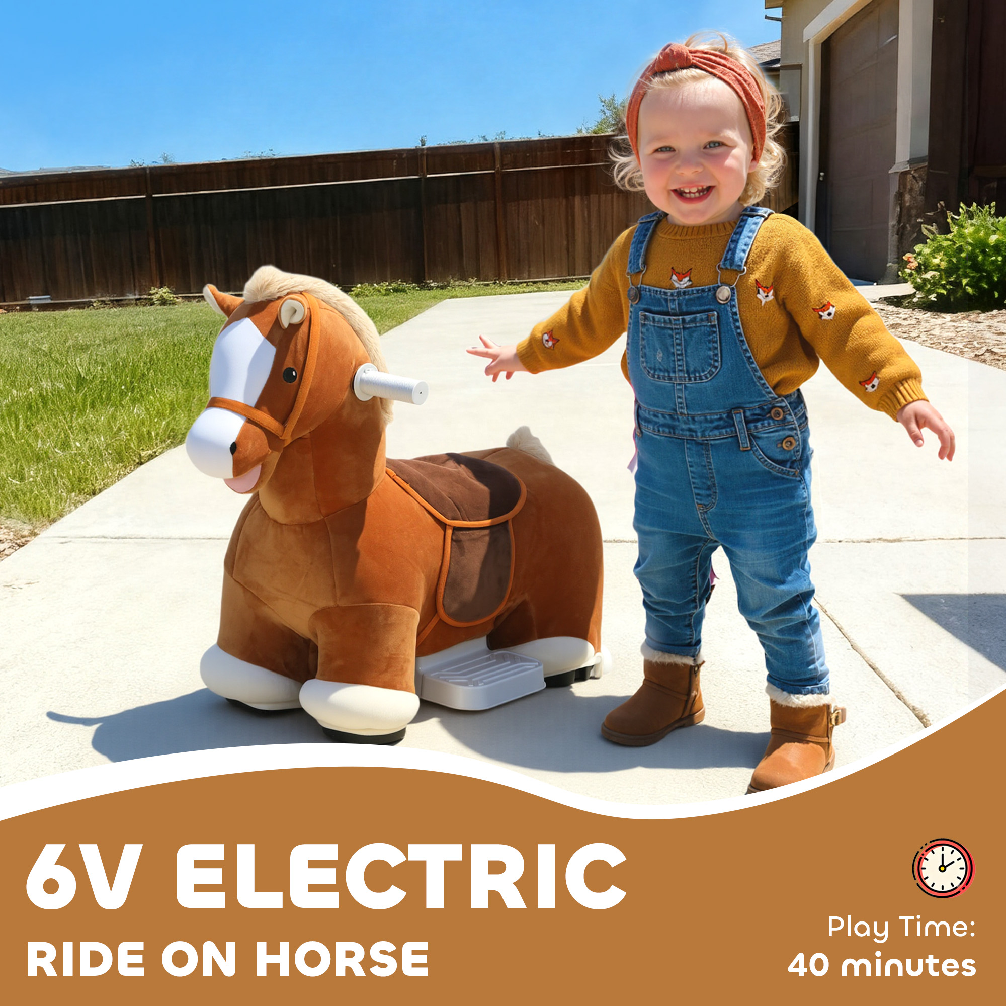 6V Battery Powered Ride on Horse with Music, Forward, Foot Pedal, Soft Touch, Washable Cover, for 1.5-5 Years Old
