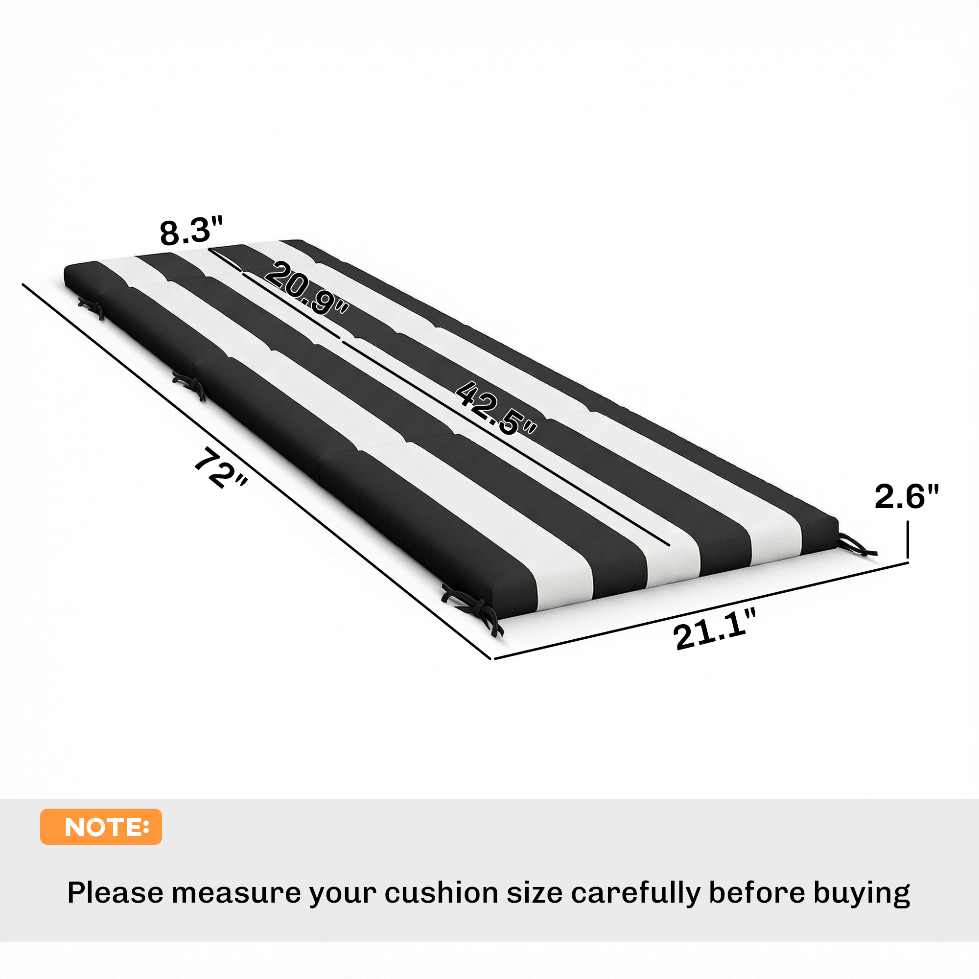  Outdoor Chaise Lounge Cushions Set of 2 with 6 Ties, High-Density Foam, for Patio and Poolside, Black and White