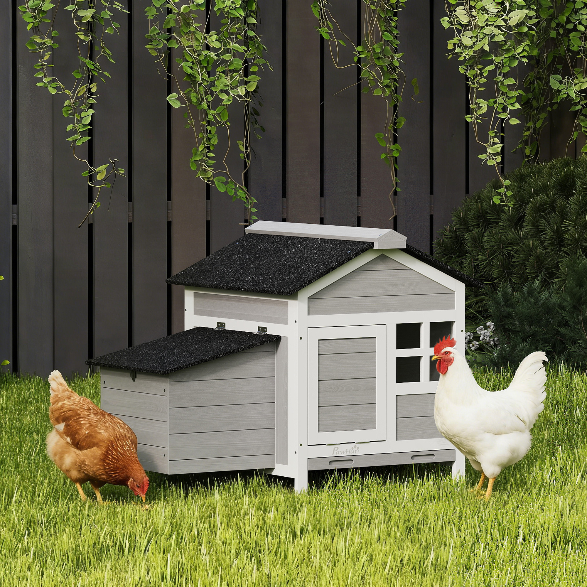 กรงไก่ไม้กลางแจ้ง พร้อมกล่องนอน - สำหรับไก่ 1-2 ตัว, กระต่าย, เป็ด ขนาด 36" x 25" x 27" มีถาดโลหะดึงออกได้