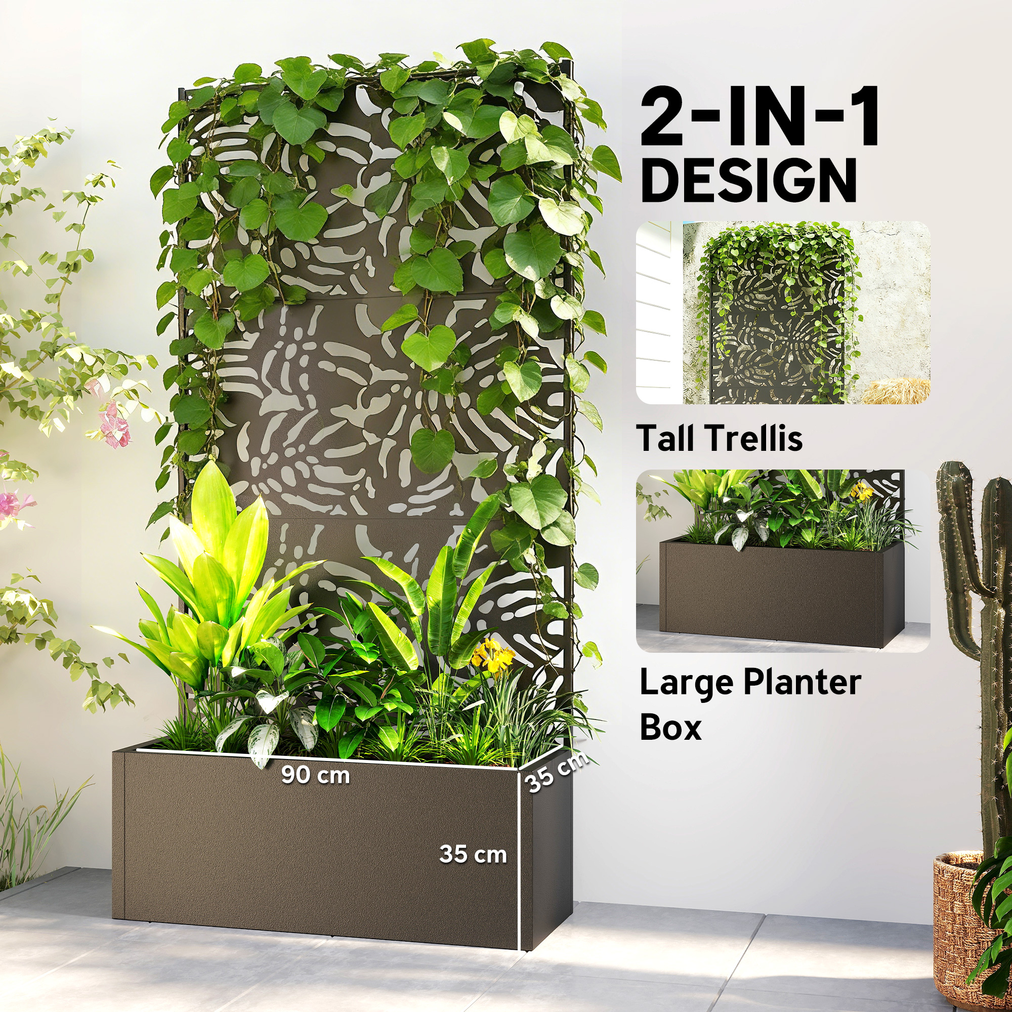  Metal Planter Box with Trellis, 71" Tall Raised Garden Bed with Privacy Screen and Drainage Holes, Banana-Leaf Cut-Outs