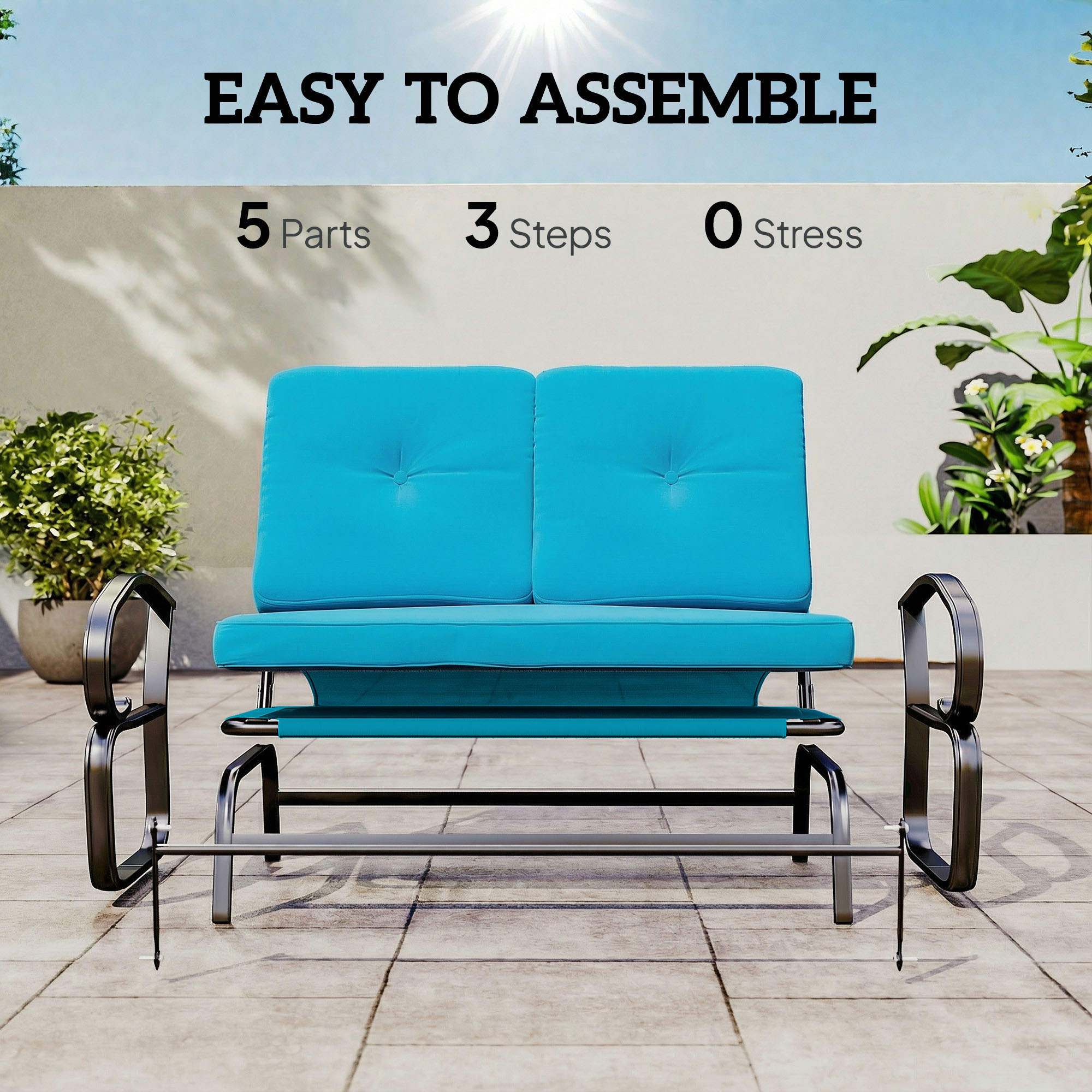  Outdoor Glider Bench, 2-Person Patio Rocker Loveseat with Tufted Cushions, Steel Frame for Porch, Garden Backyard, Blue