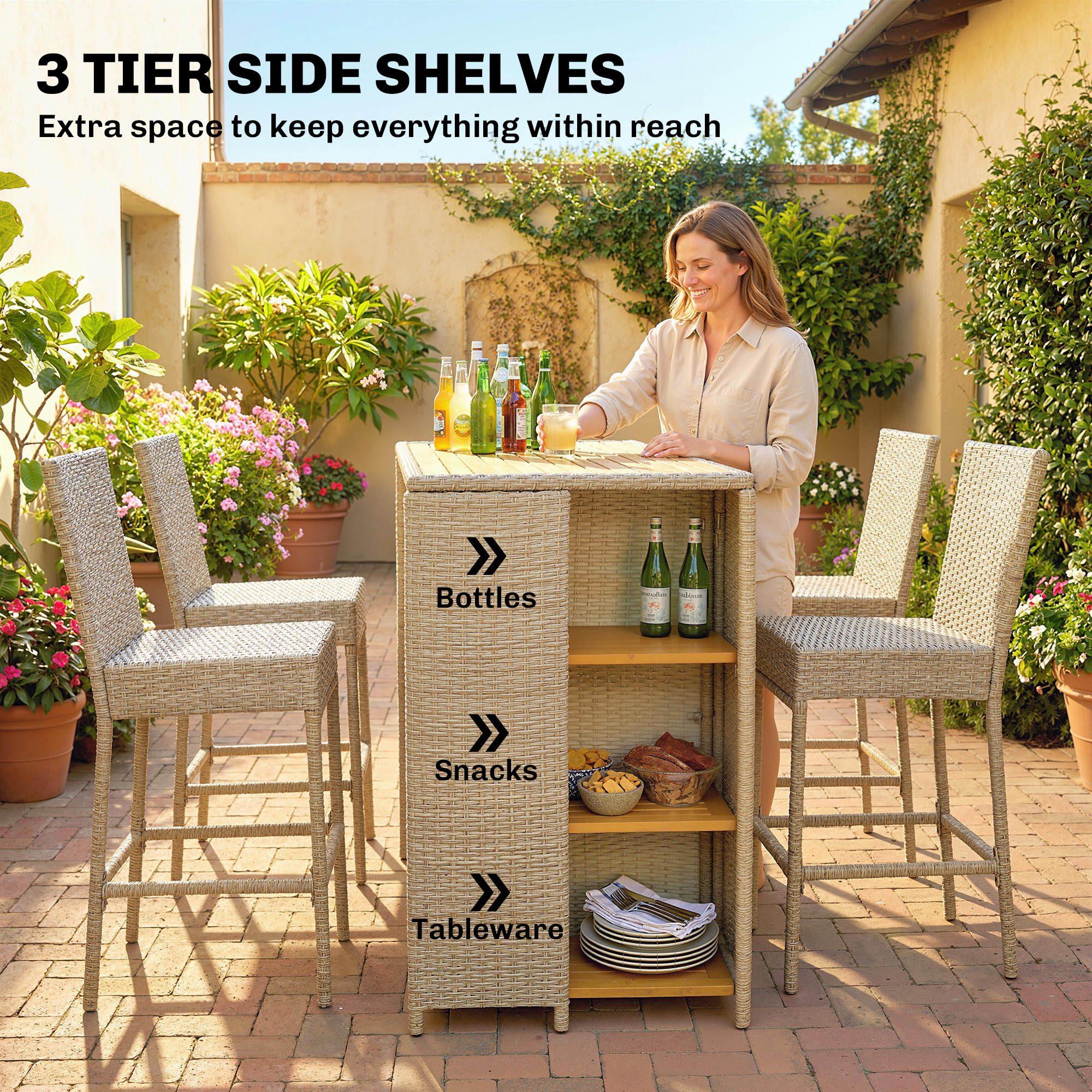  5 Piece Wicker Outdoor Bar Set, Acacia Wood Outdoor High Top Table and Chairs with 3 Tier Shelves, Cushions, Brown