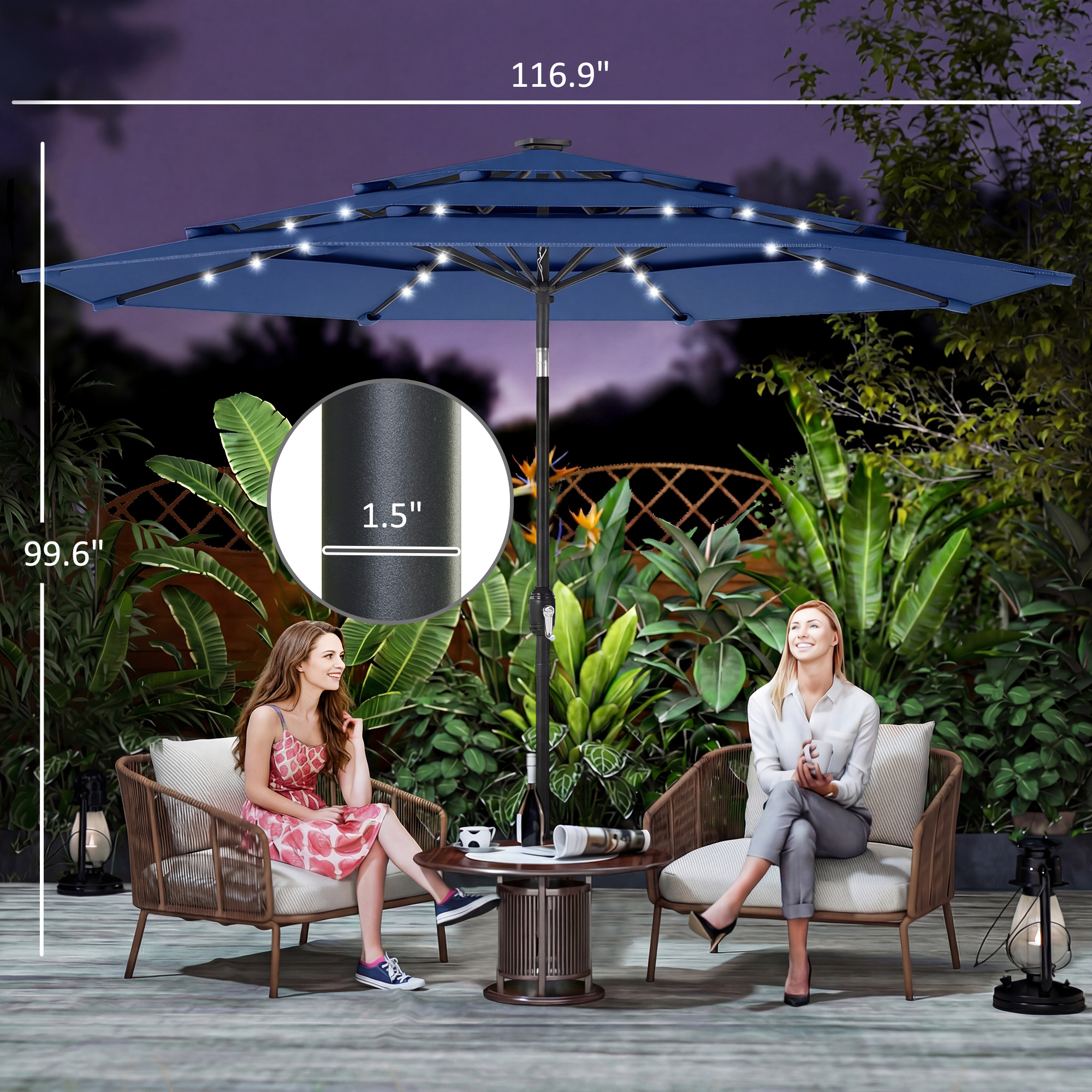  9.7 ft Outdoor Patio Umbrella with Solar LED Lights, 3 Tier Outdoor Table Umbrella with Tilt, Crank, Navy Blue