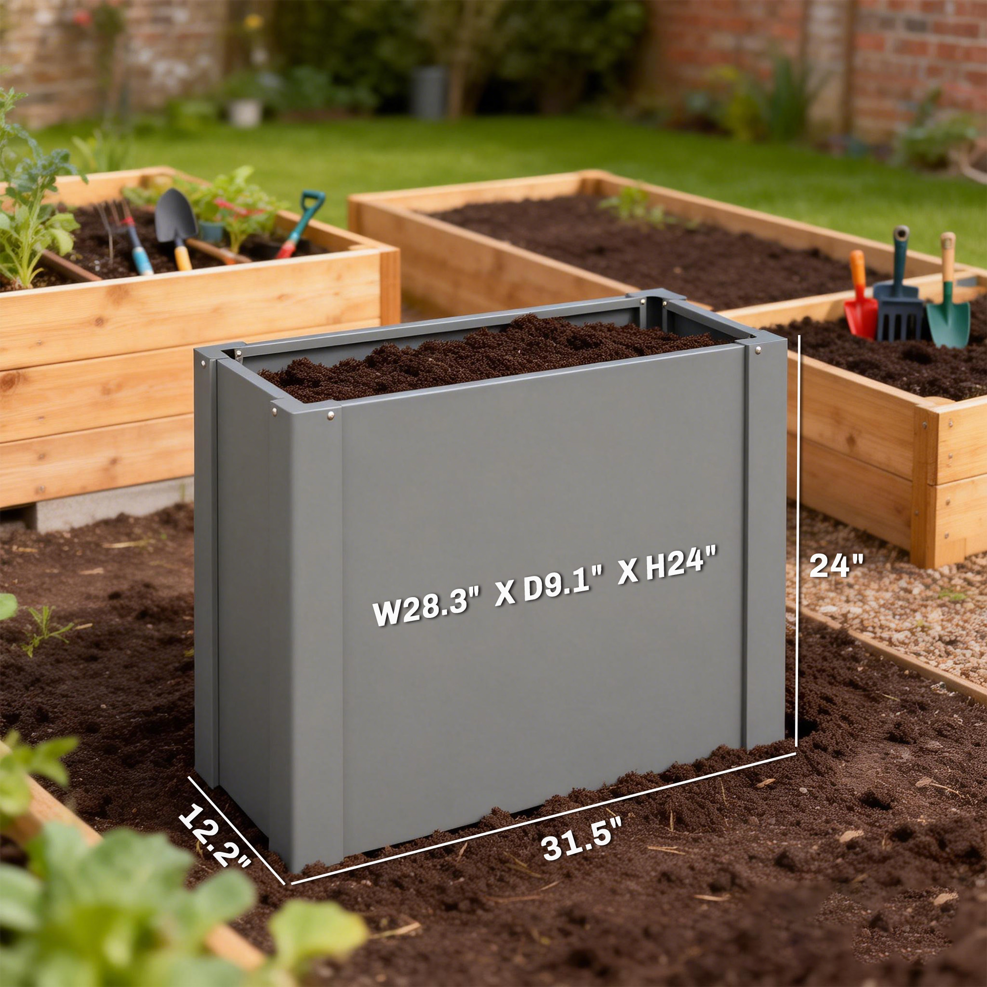  Raised Garden Bed Galvanized Planter Box Outdoor with Gloves for Gardening Vegetables, Flower, Herb, 2.6 x 1 x 2 ft, Gray