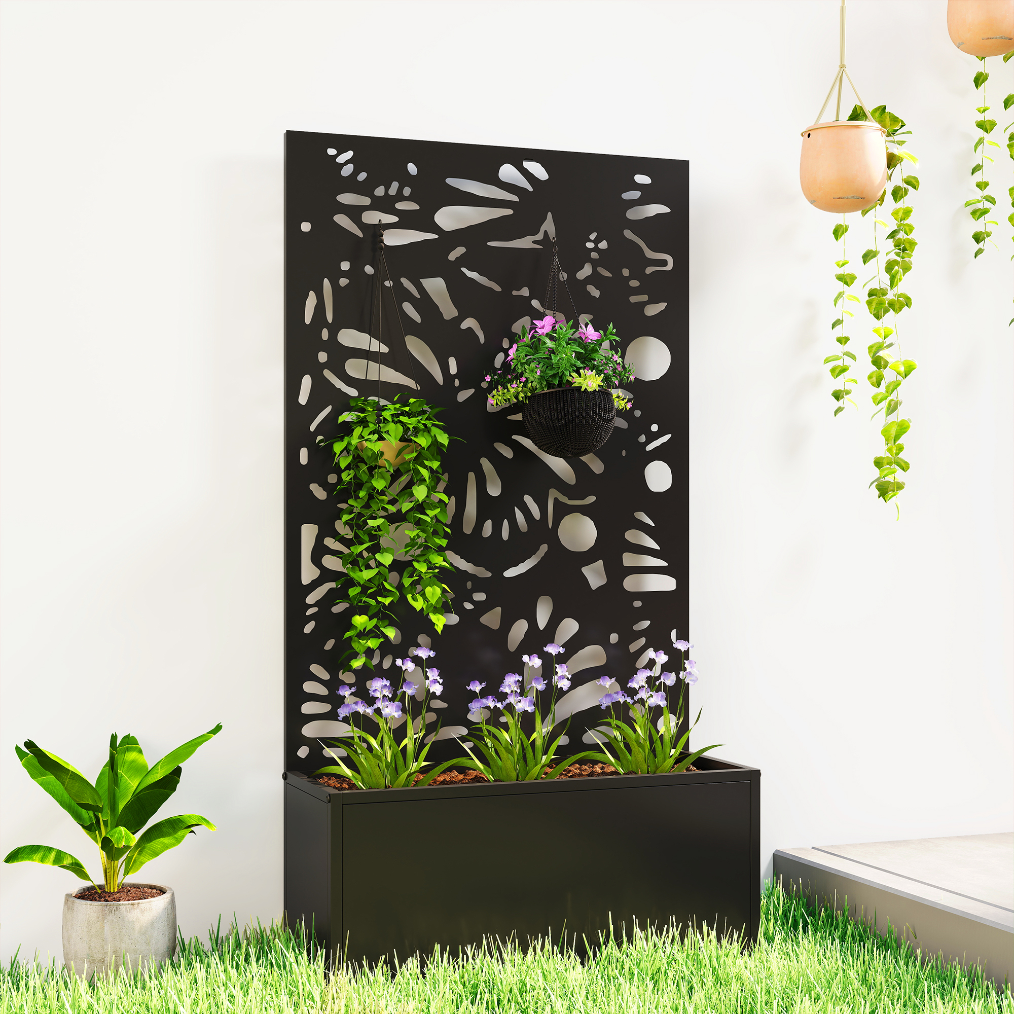 Metal Garden Bed with Trellis for Climbing Plants, Freestanding or Wall Mounted Flower Bed for Garden, Patio, Balcony