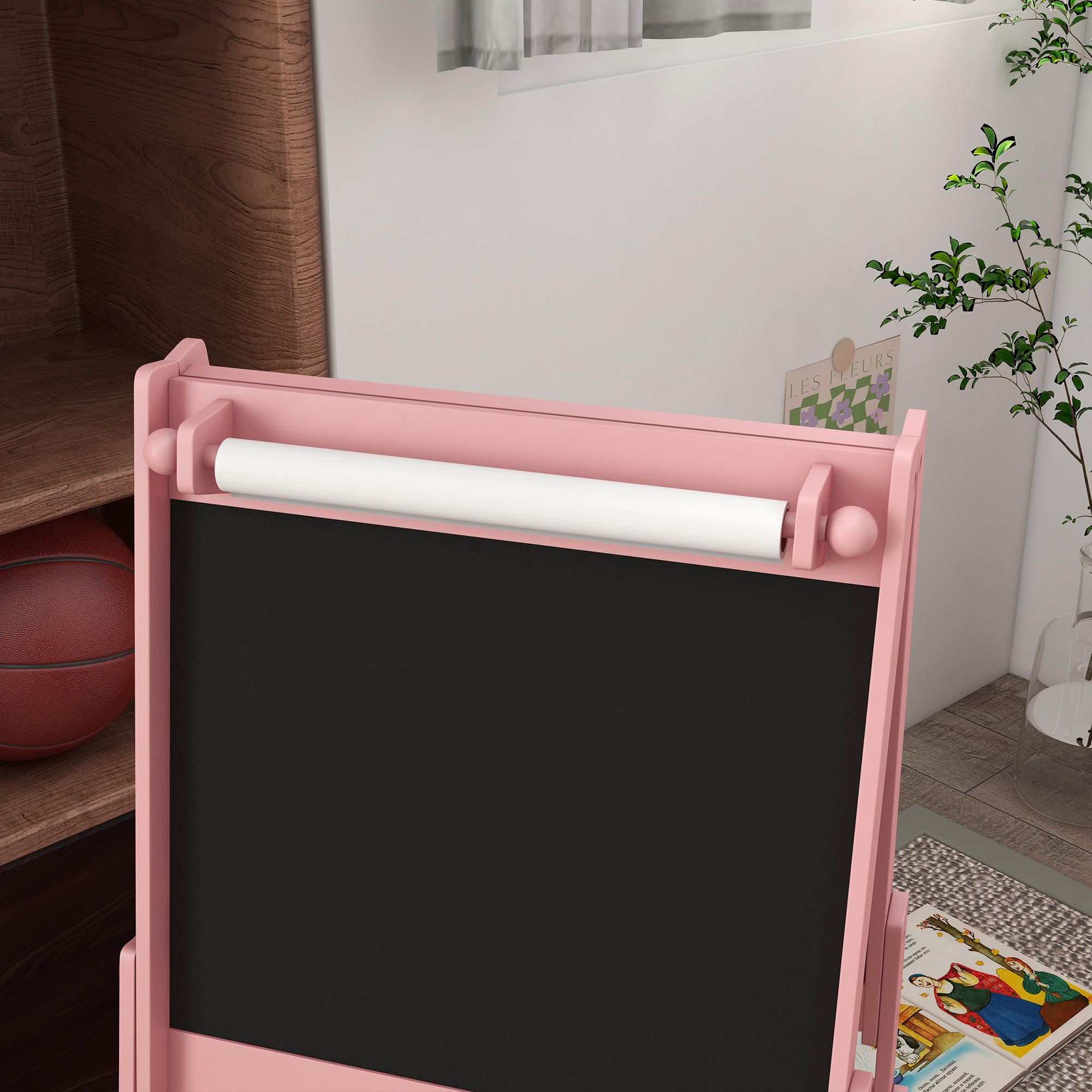 Art Easel for Kids with Paper Roll, Blackboard, Whiteboard, Storage, Pink