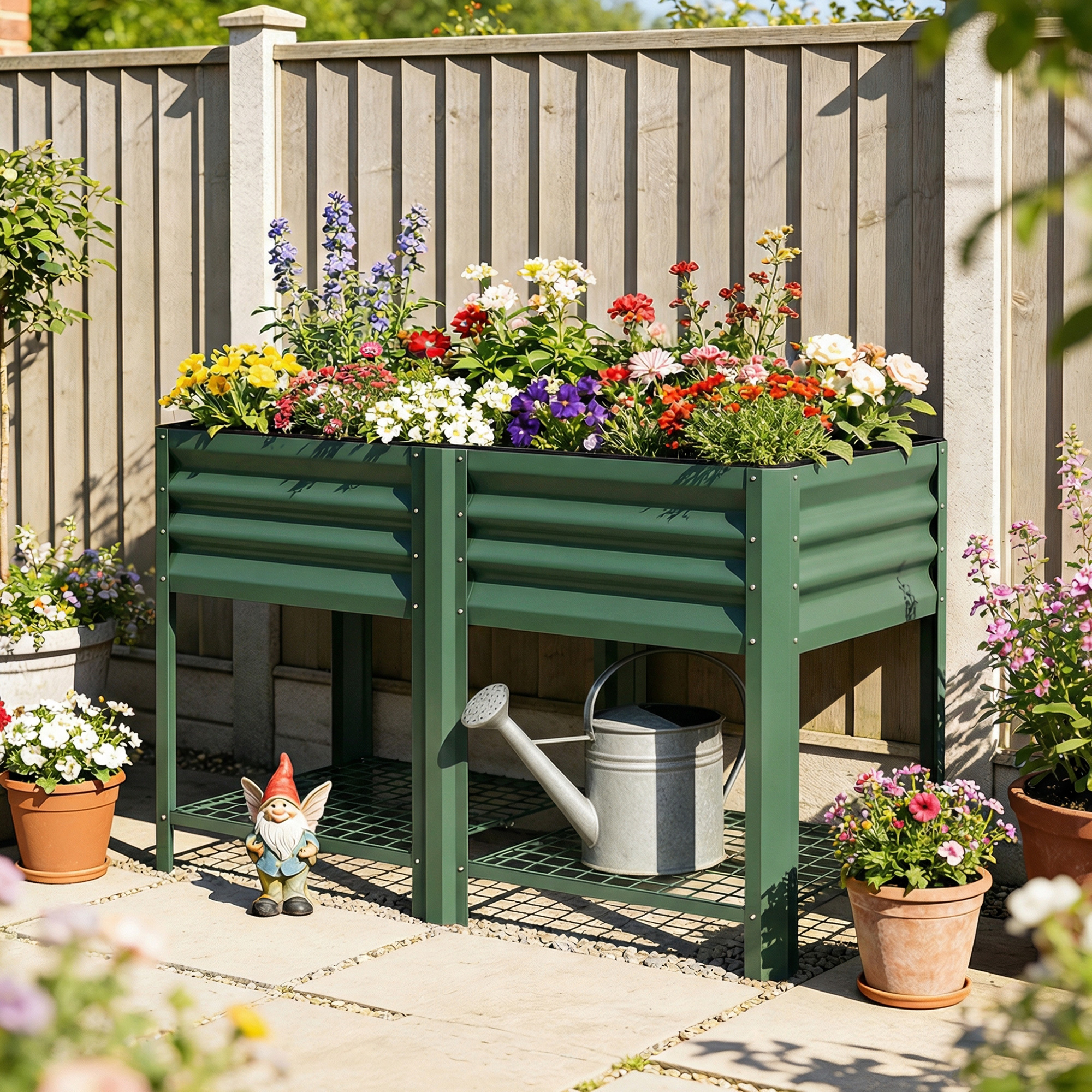 Raised Garden Bed Galvanized Steel, Elevated Planter Box with Storage Shelf, Bed Liner, 31.5" High, Green