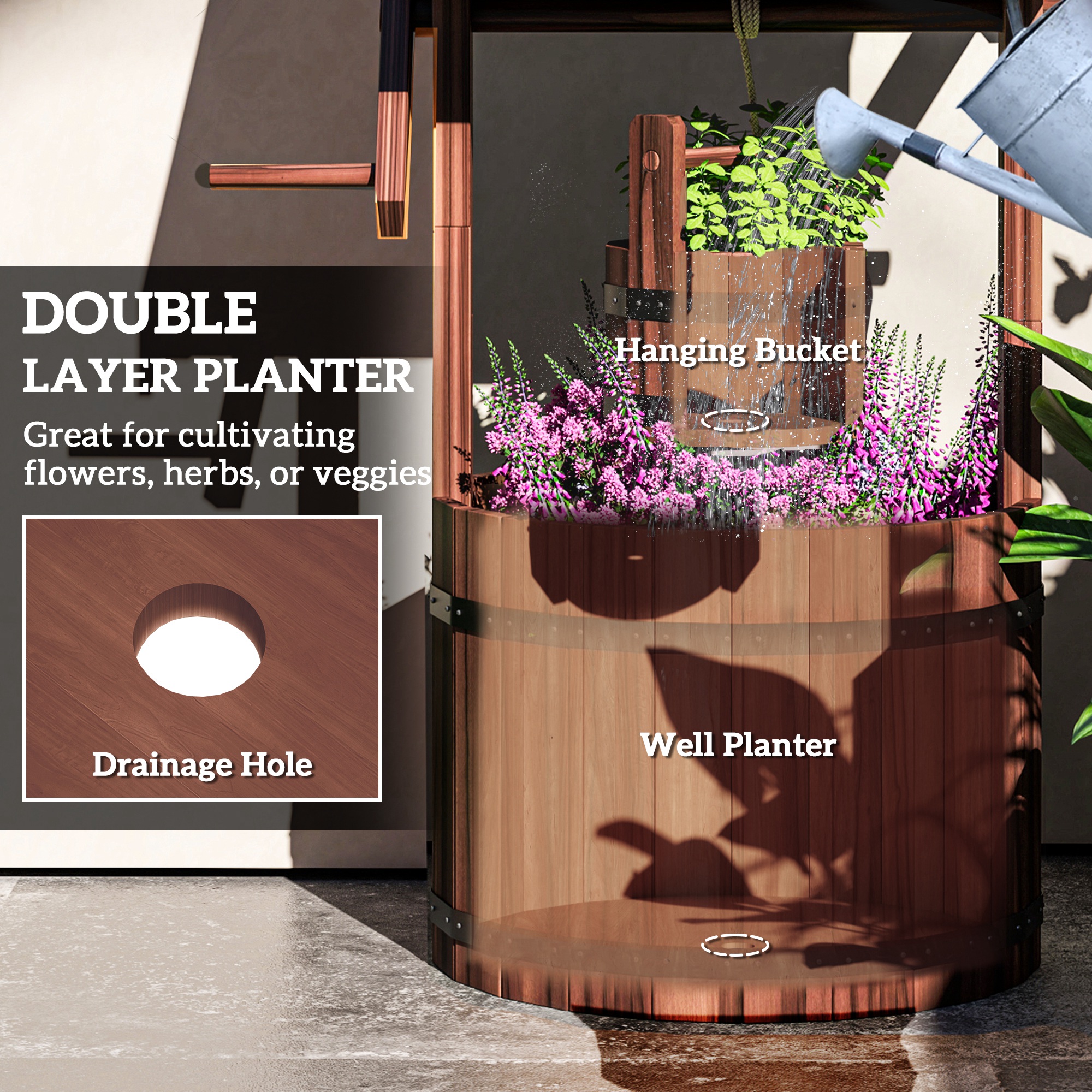  Wood Wishing Well for Outside with Hanging Bucket, Wishing Well Planter with Drain Hole for Garden Patio, Carbonized