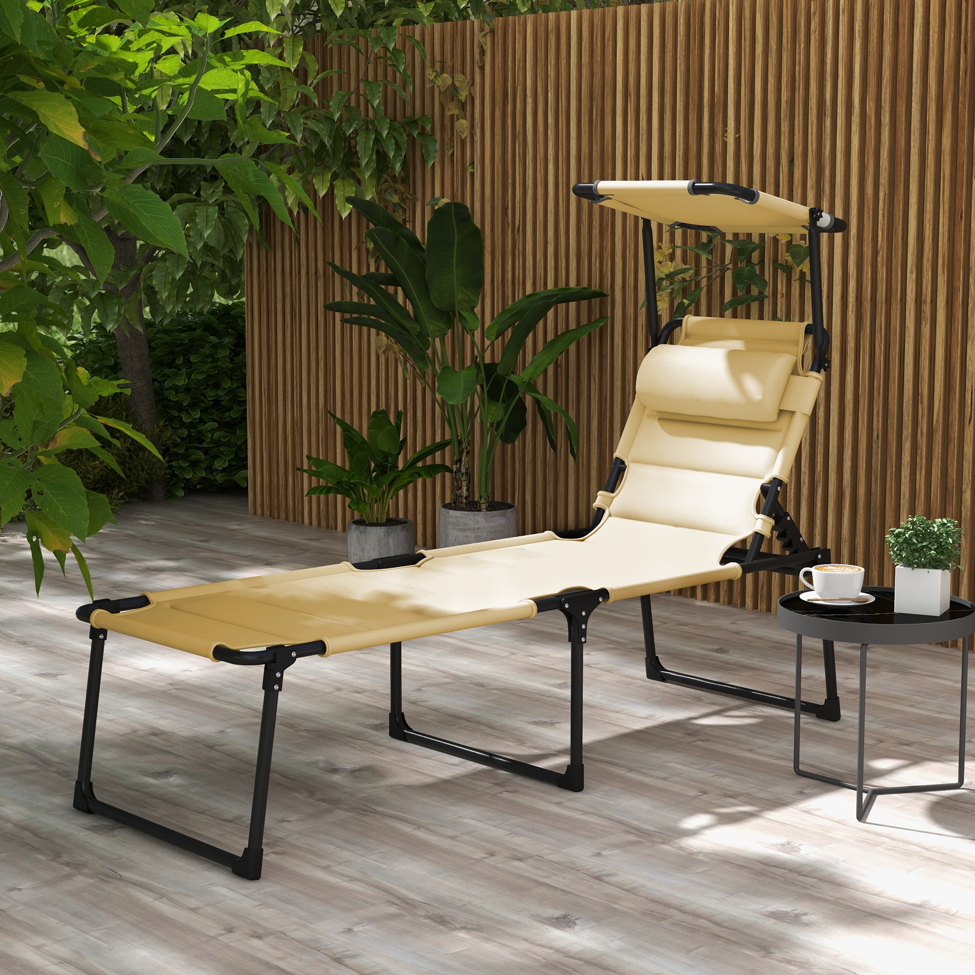 Outdoor Lounge Chair, 4 Position Adjustable Backrest, Folding, Cushioned w/ Sun Shade Roof & Pillow, Cream White