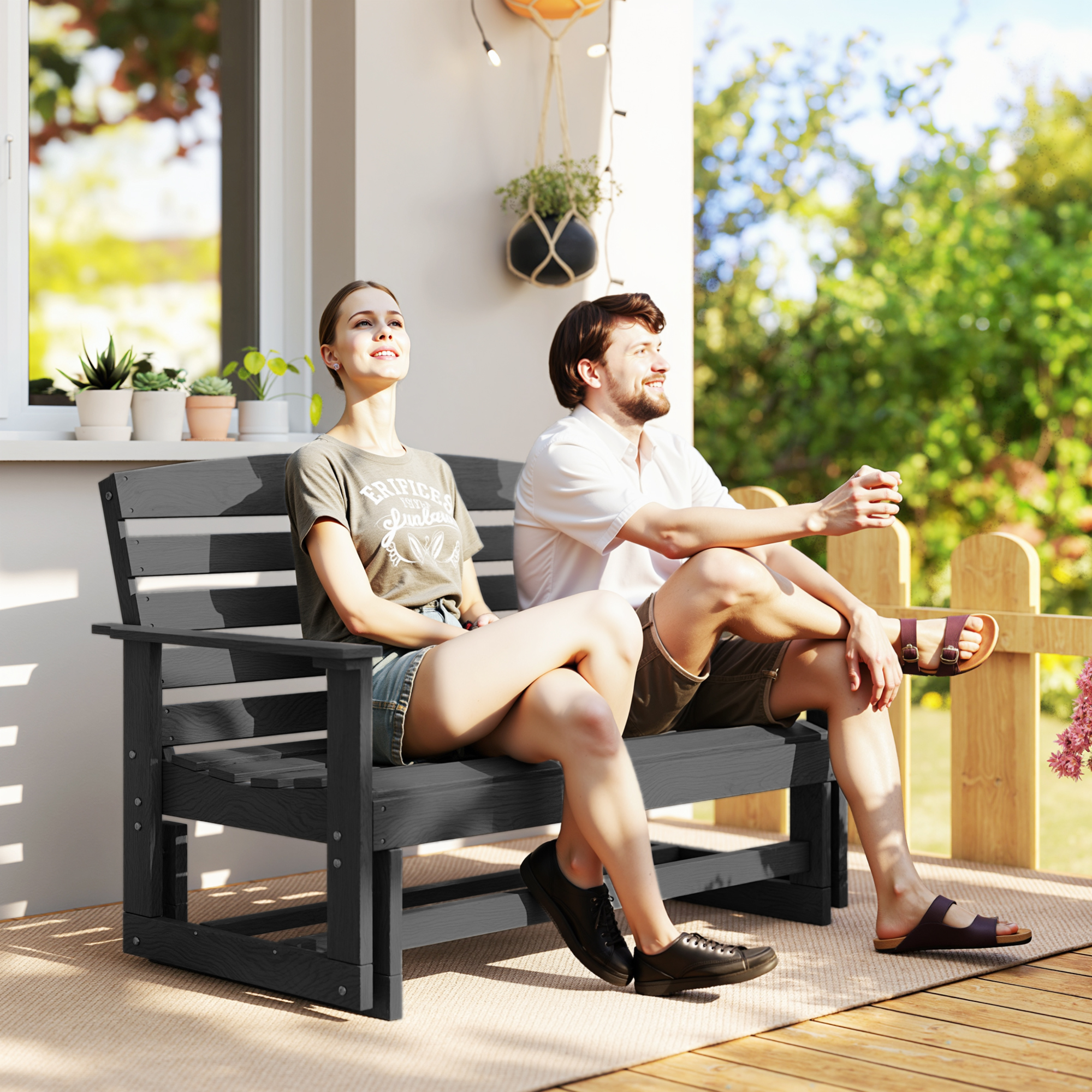  Patio Glider Bench w/ HDPE Slatted Double Rocking Chair, Distressed Black
