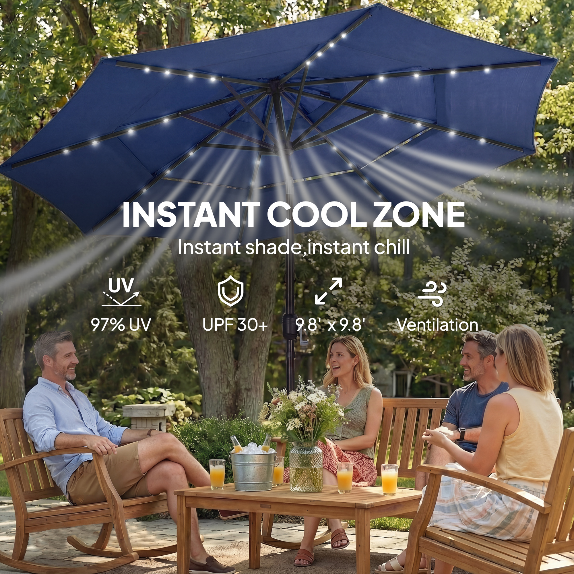  9.7 ft Outdoor Patio Umbrella with Solar LED Lights, 3 Tier Outdoor Table Umbrella with Tilt, Crank, Navy Blue