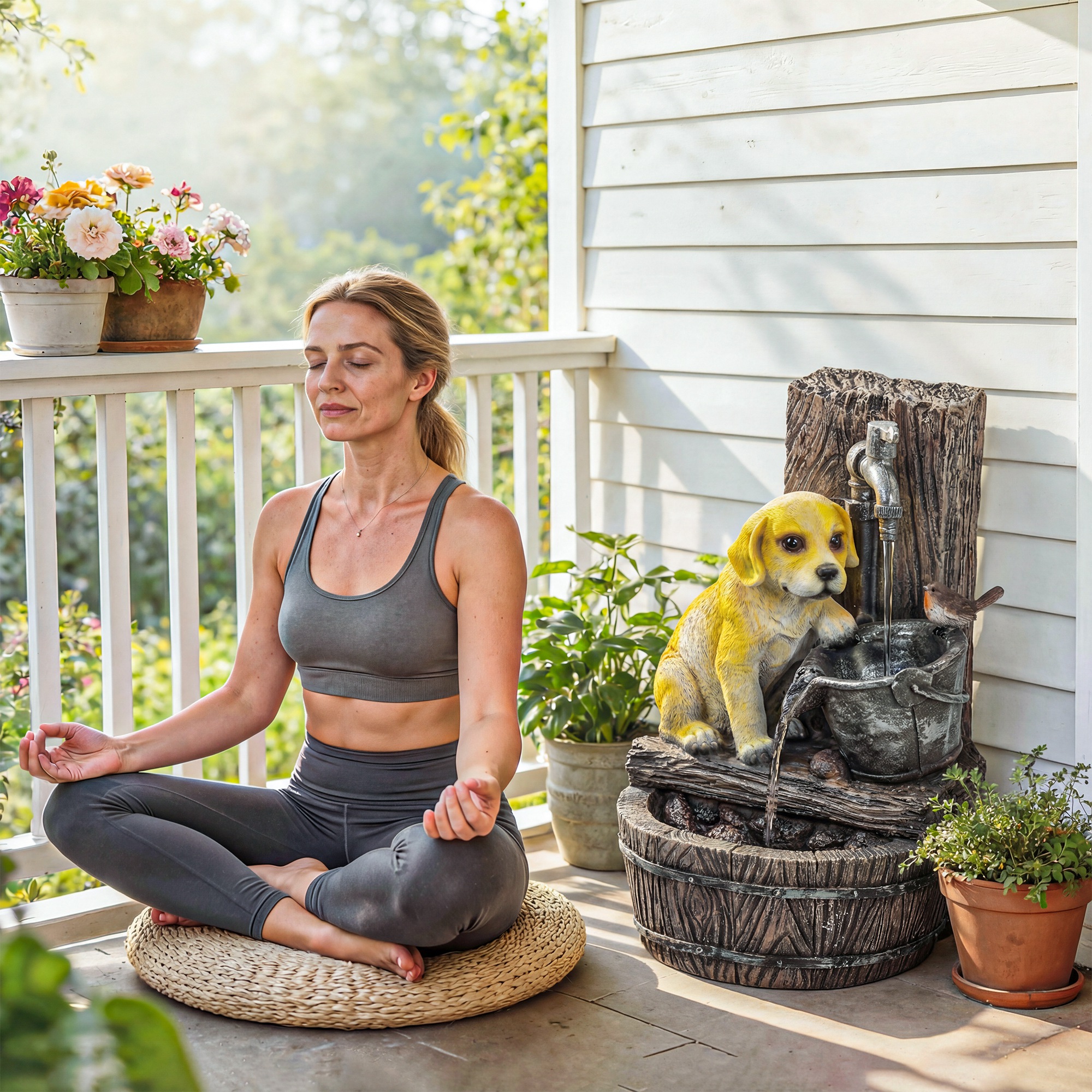  22" Outdoor Fountain with 3-Tier Puppy Theme, Resin Garden Fountain with LED Lights, Adjustable Flow, Rustic Brown