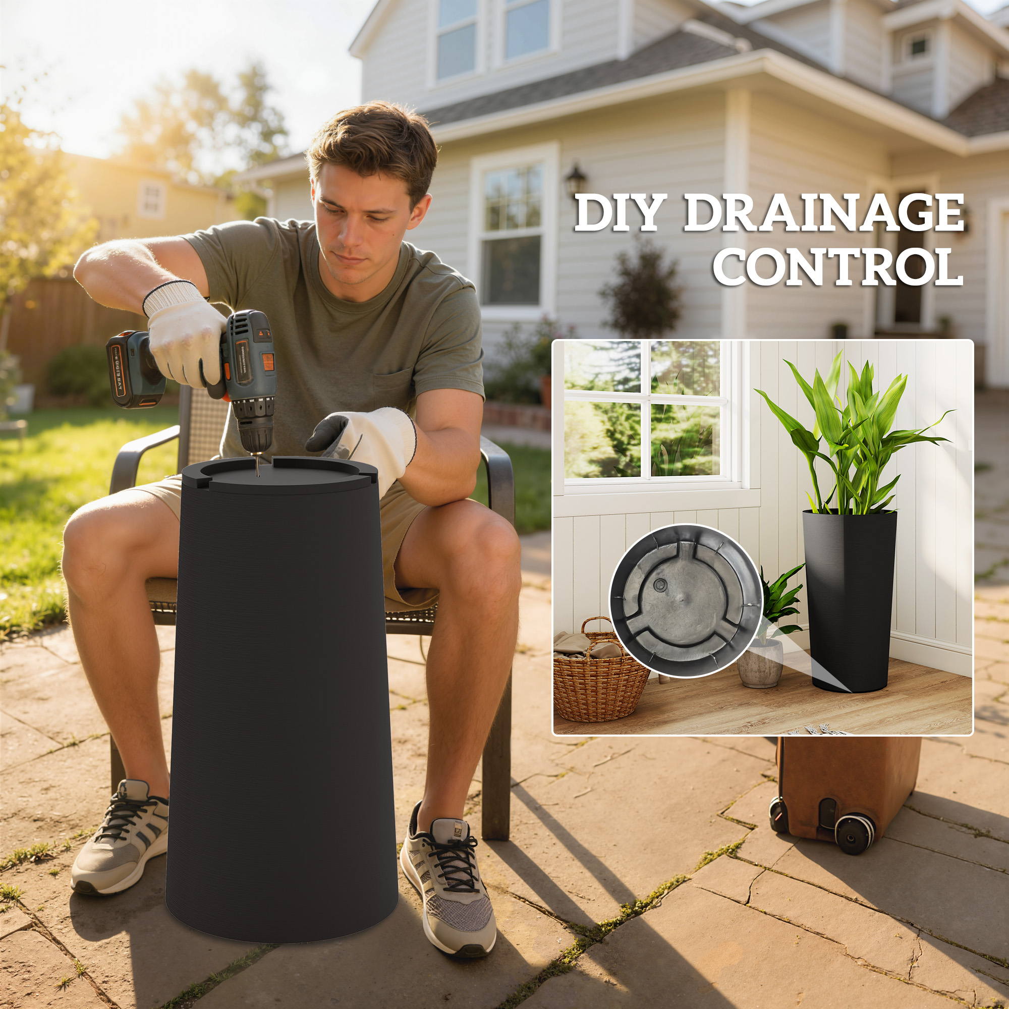  29 Inch Outdoor Planter, Set of 2 Plastic Flower Pots, Weather and UV Resistant Stackable Large Planters, Black