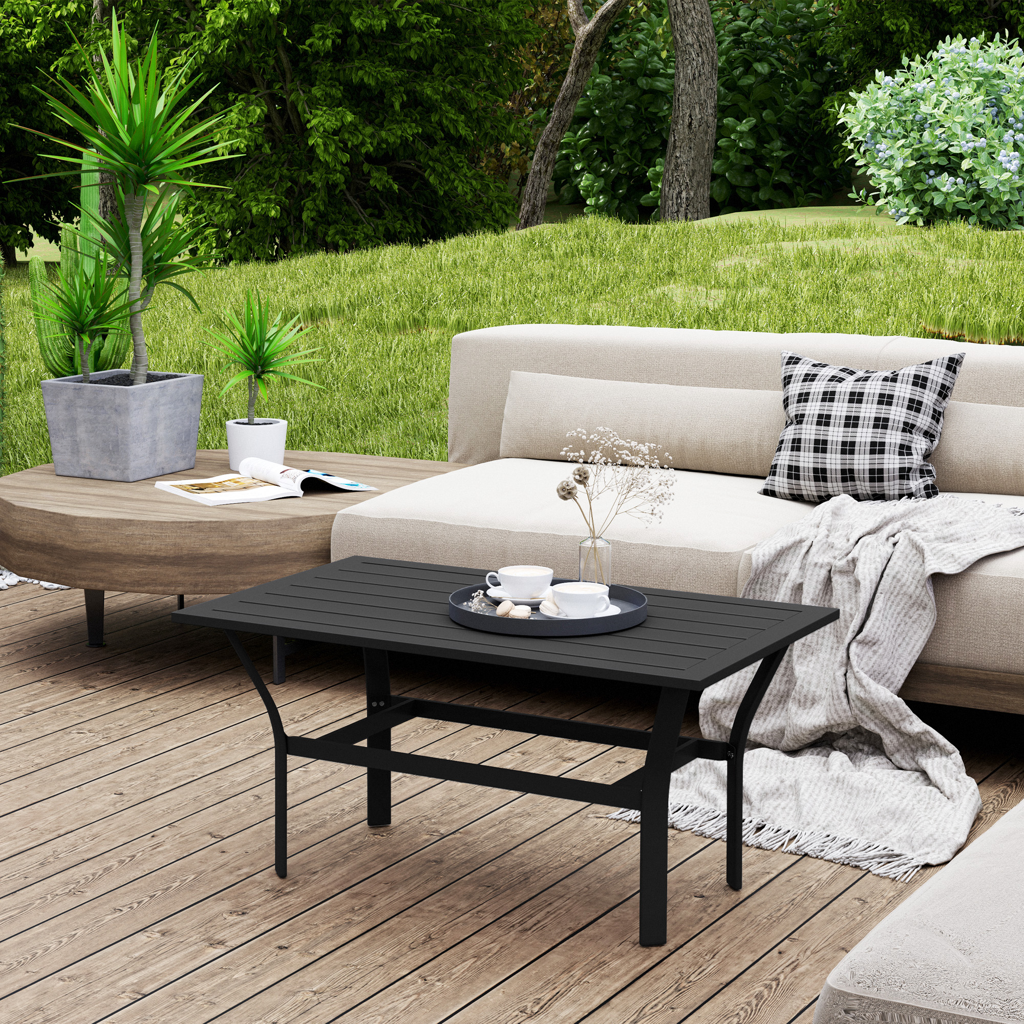  Outdoor Coffee Table with Slatted Tabletop, All-Weather Rectangle Metal Patio Coffee Table for Garden, Black