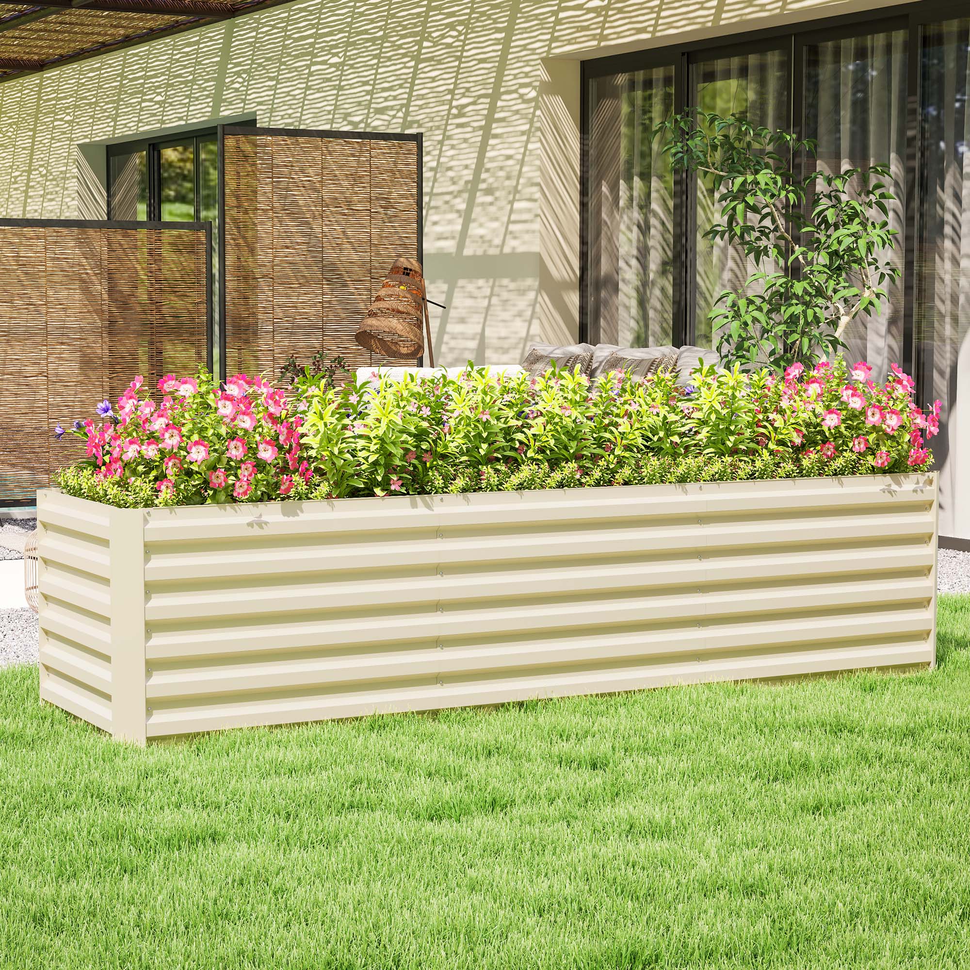  8x2x2ft Galvanized Raised Garden Bed Kit with Safety Edging for Flowers, Herbs and Vegetables, Cream White