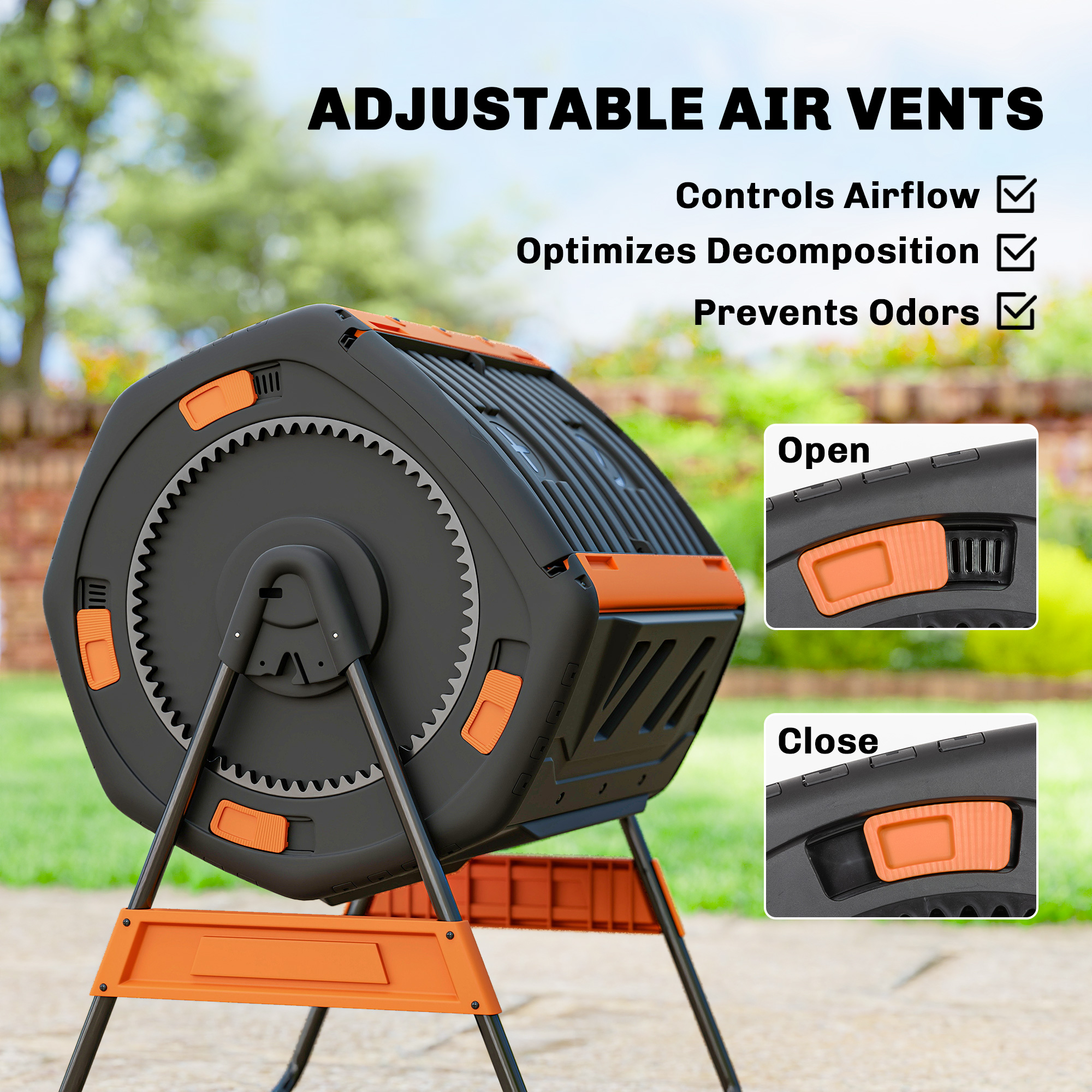  Compost Bin Outdoor, 53 Gal Dual Chamber Tumbling Composter with Adjustable Vents, BPA Free Tumbling Composter, Orange