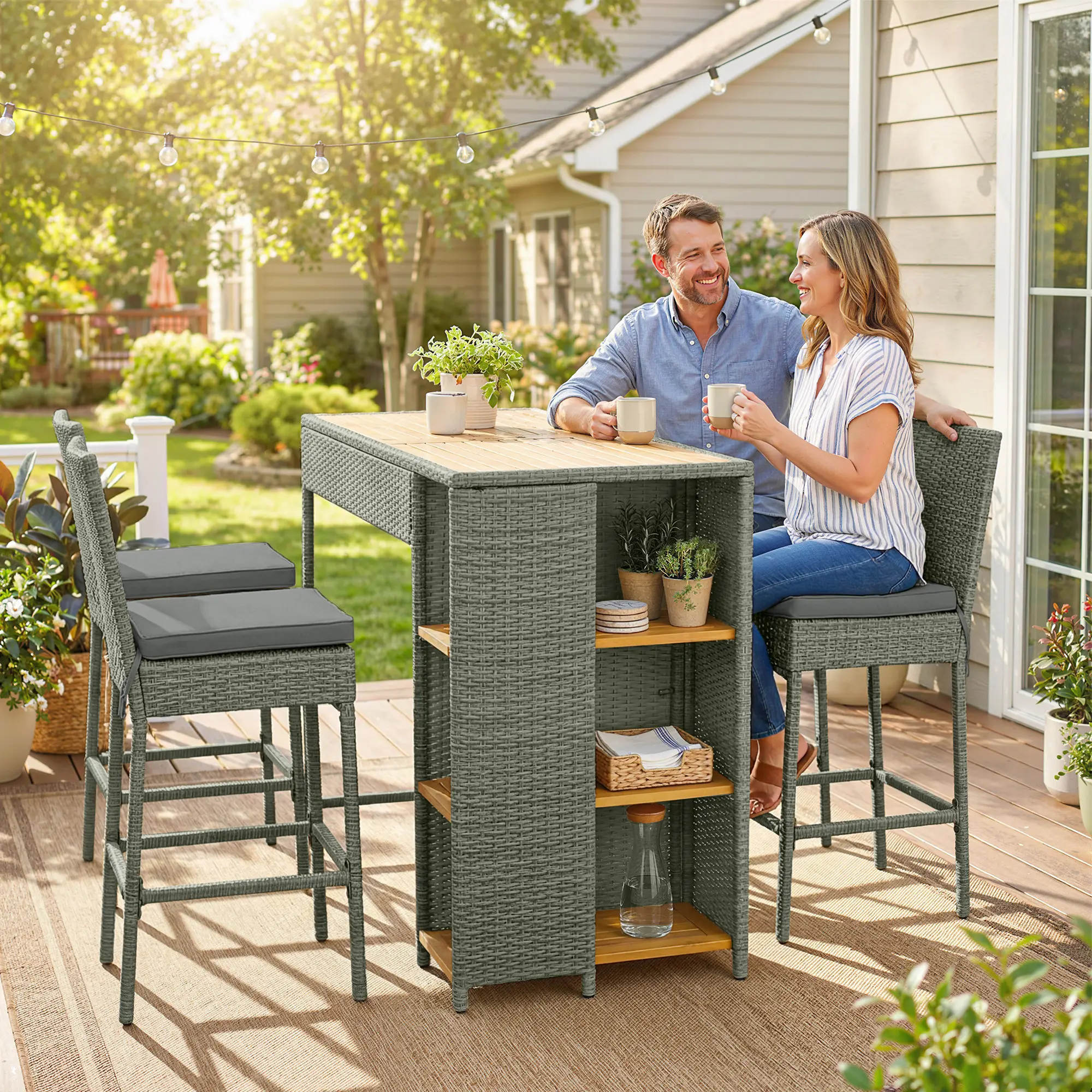 Wicker Outdoor Bar Set, Acacia Wood High