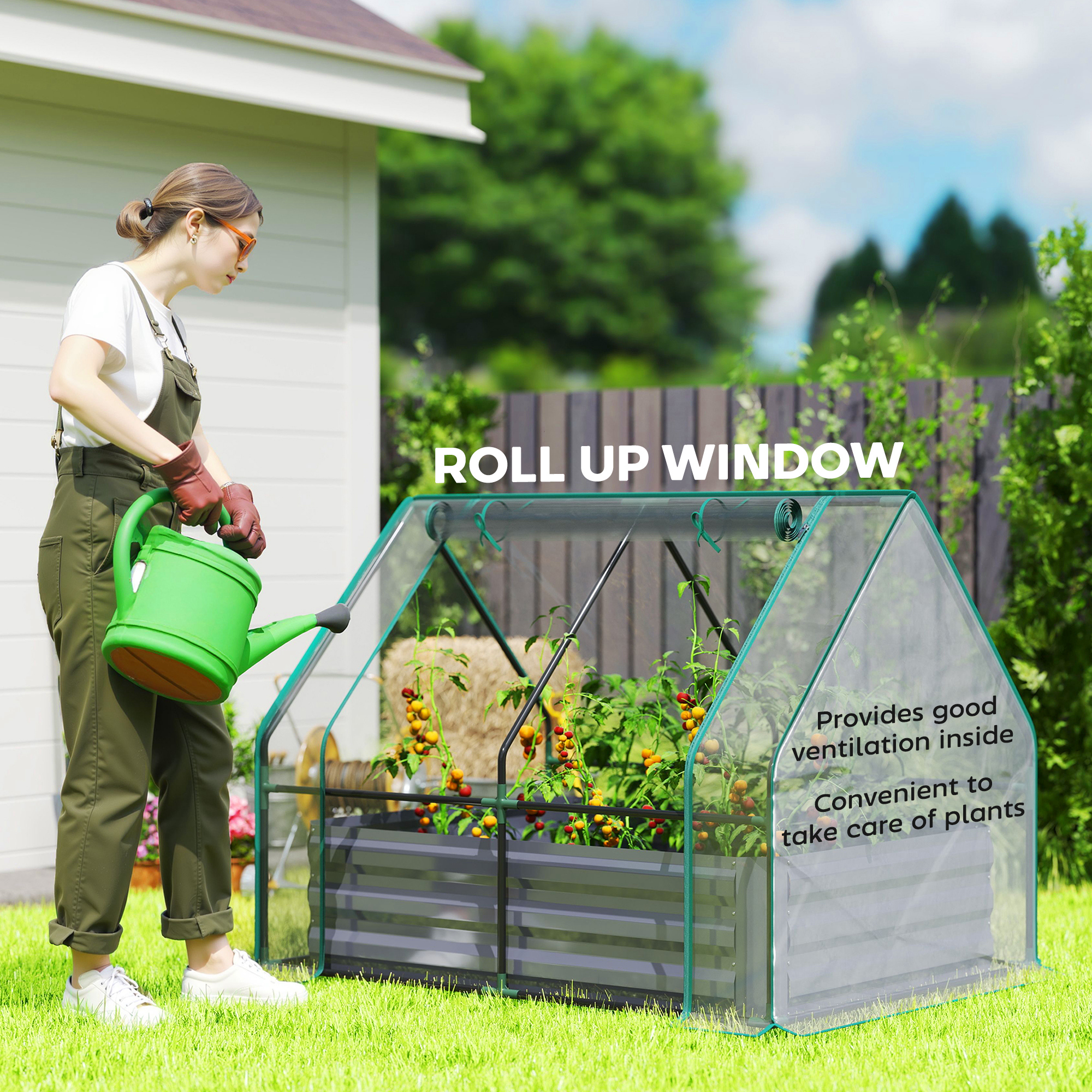  4 x 3 x 3ft Raised Garden Bed with Mini Greenhouse, Galvanized Raised Garden Bed with Cover, Clear and Dark Gray