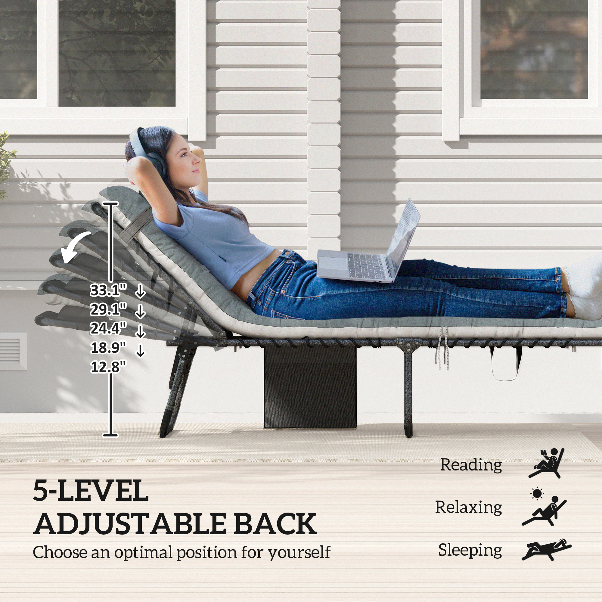  Outdoor Chaise Lounge Chair Set of 2, 5-Level Adjustable Folding Pool Lounge Chairs with Cushions, Gray