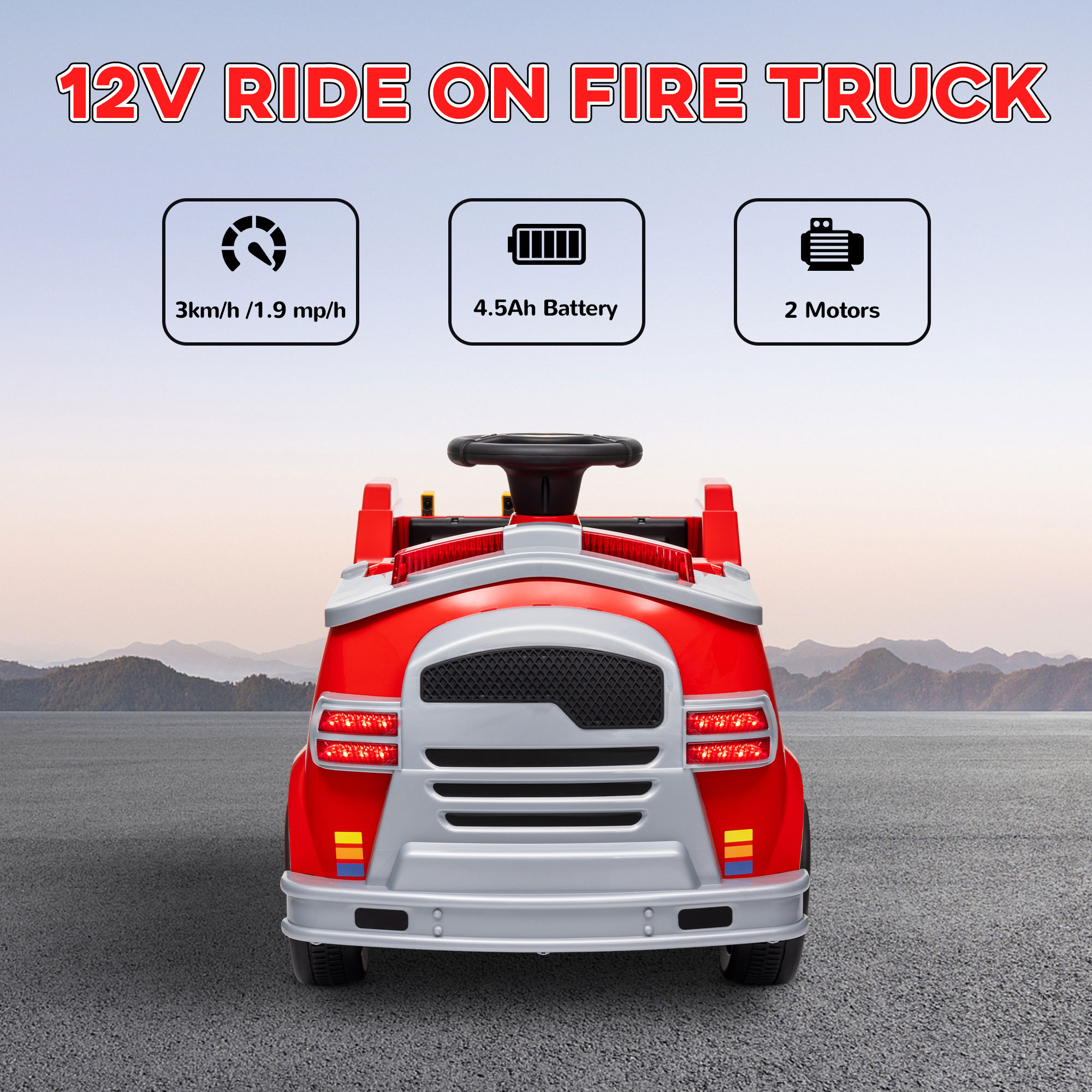 12V Ride on Fire Truck with Siren, Flashing Lights Fire Extinguisher, Soft Start, Horn Music, Red