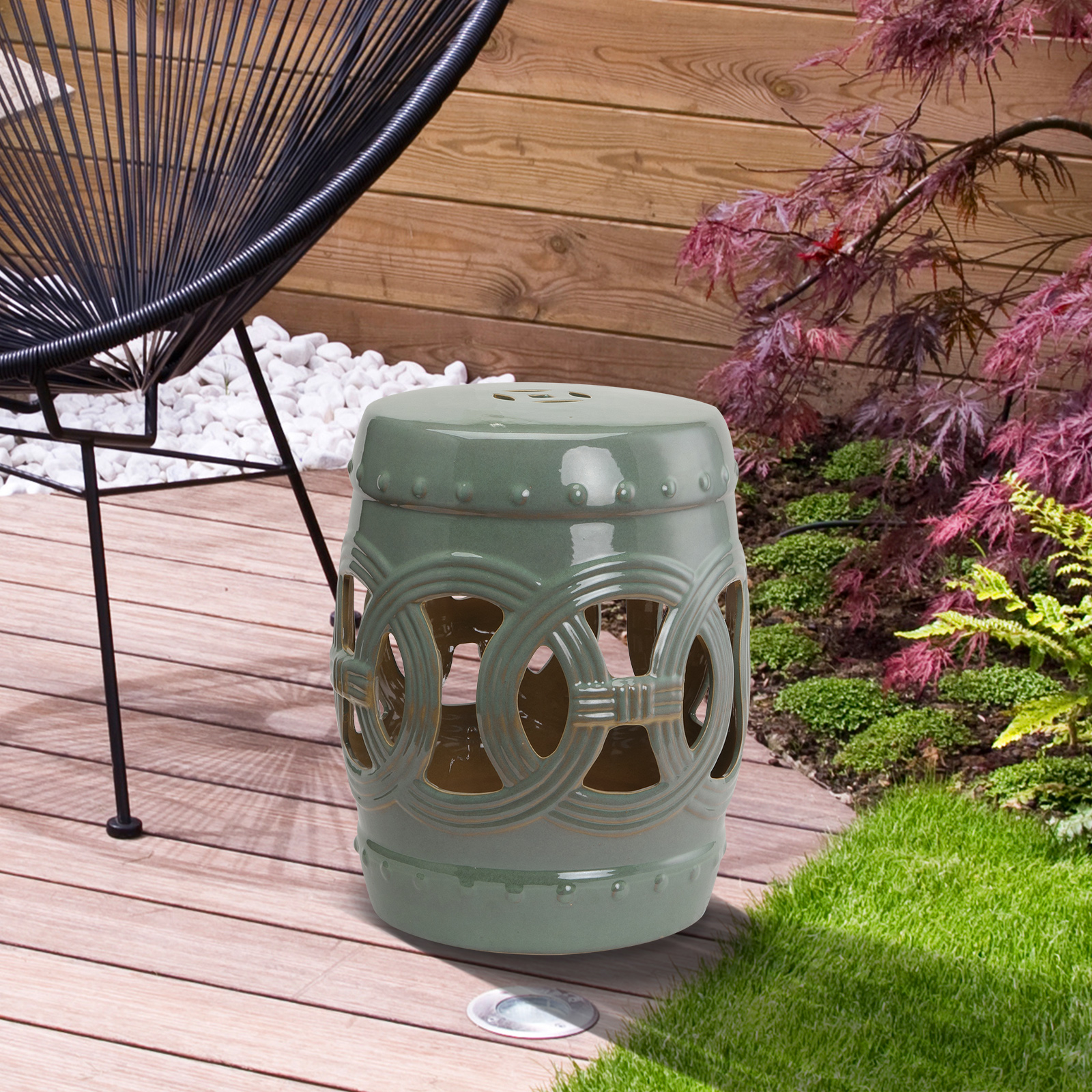  14" x 17" Ceramic Garden Stool with Double-Coin Knotted Ring Design & Strong Glazed Material, Decorative Outdoor Stool, Home Collection, Green