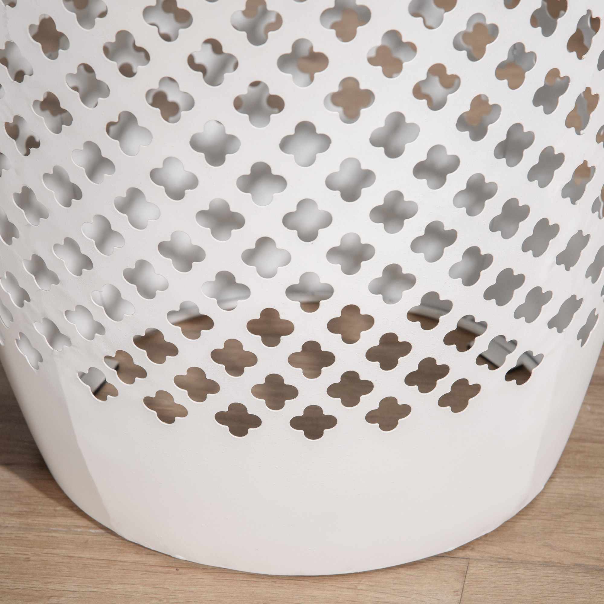  12" Steel Outdoor Side Table, Round Hollow Drum Patio End Table, Accent Table for Indoor and Outdoorr, White