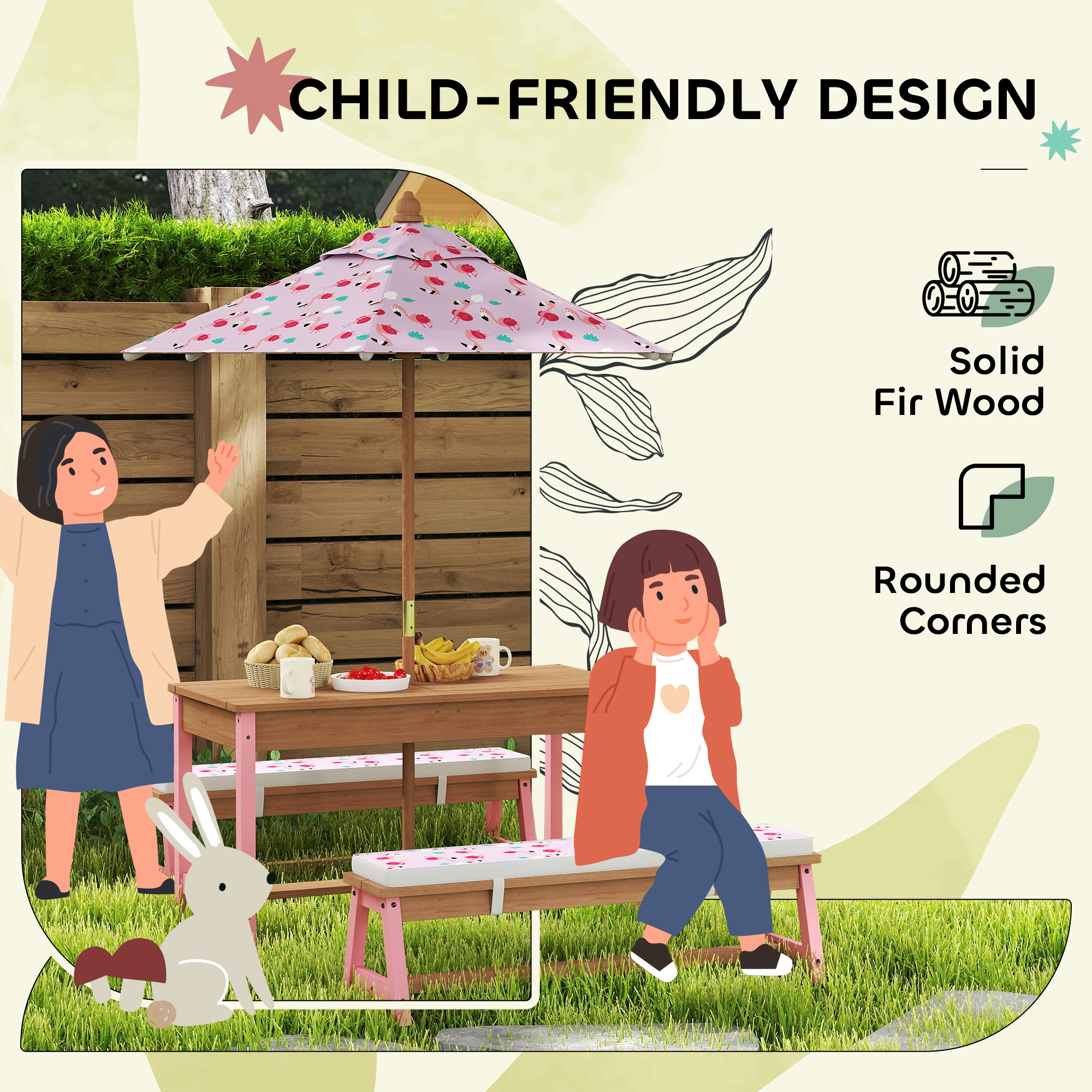 Kids Picnic Table Set with Foldable Umbrella, Removable Cushions & Boxes, Flamingo Theme, Pink