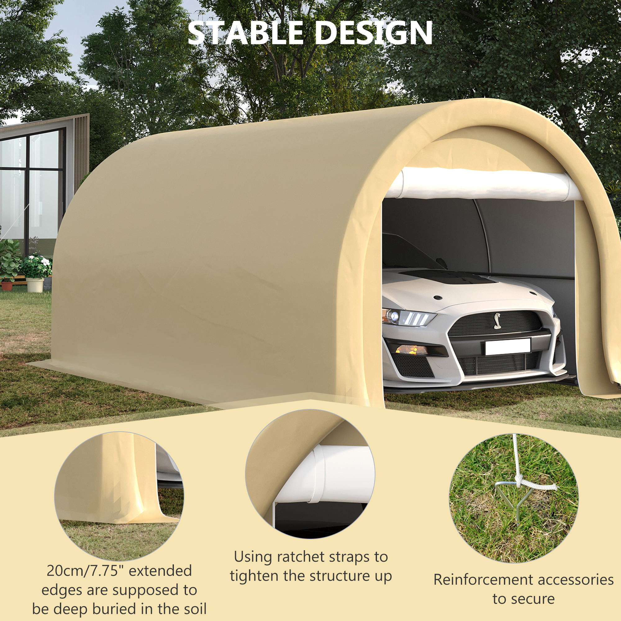  10' x 16' Carport, Heavy Duty Portable Garage Storage Tent with Large Zippered Door, Anti-UV PE Canopy Cover for Car, Truck, Boat, Motorcycle, Bike, Garden Tools, Outdoor Work, Beige