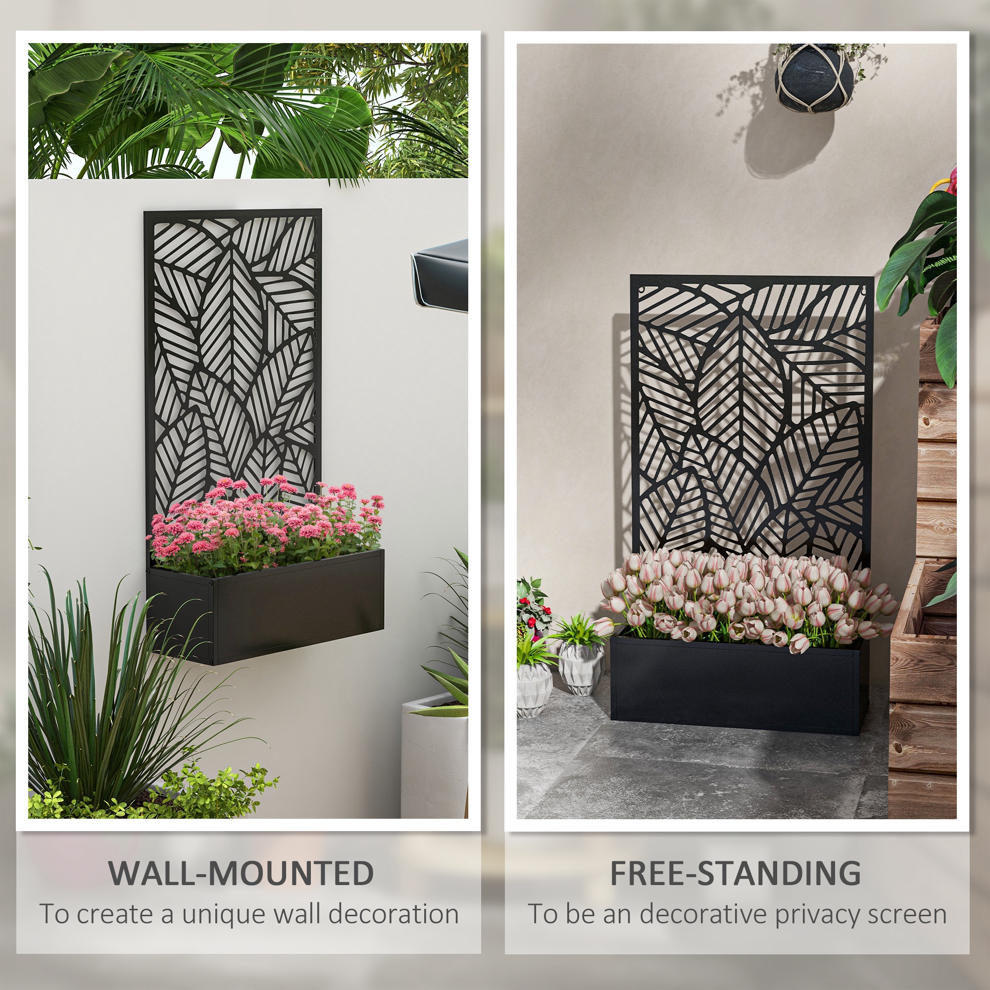  Metal Outdoor Privacy Screen with Raised Garden Bed, Privacy Panel and Planter Box, Wall-Mounted or Freestanding, Black