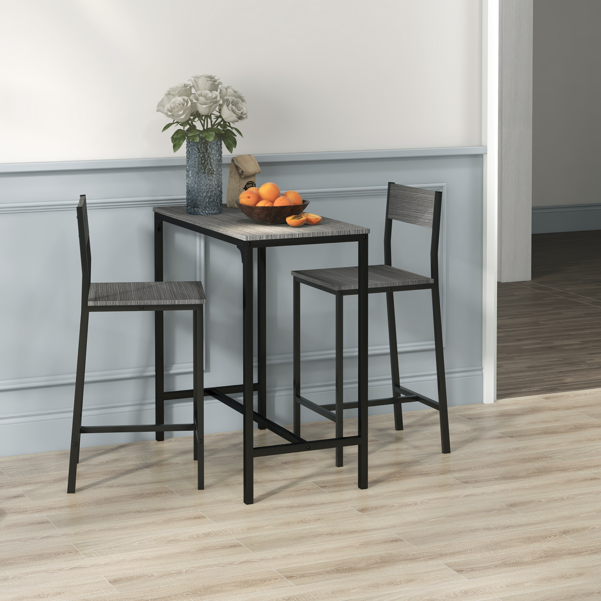  3 Piece Bar Table and Chairs, Industrial Dining Table Set for 2, Counter Height Kitchen Table with Bar stools, Breakfast Table Set for 2 for Small Space, Gray
