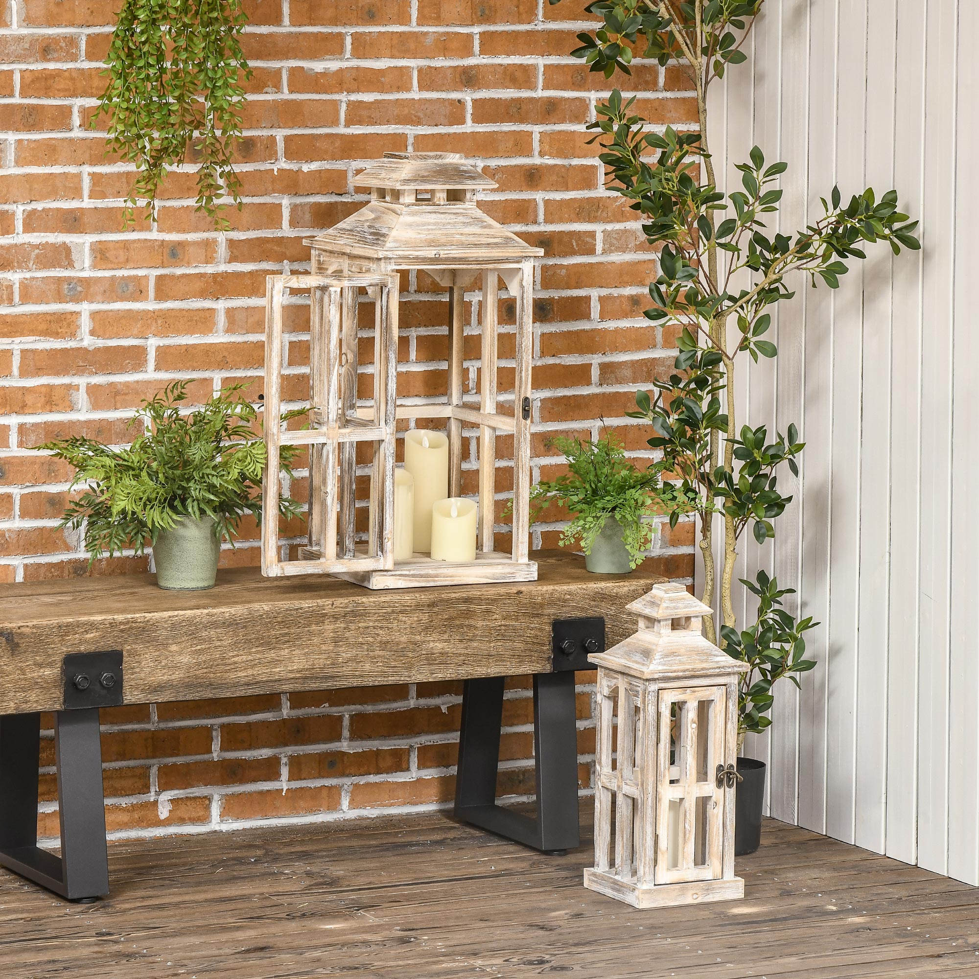 2 Pack 28"/20" Large Rustic Wooden Lantern Decorative, Indoor/Outdoor Lantern for Home Décor (No Glass), Natural 5