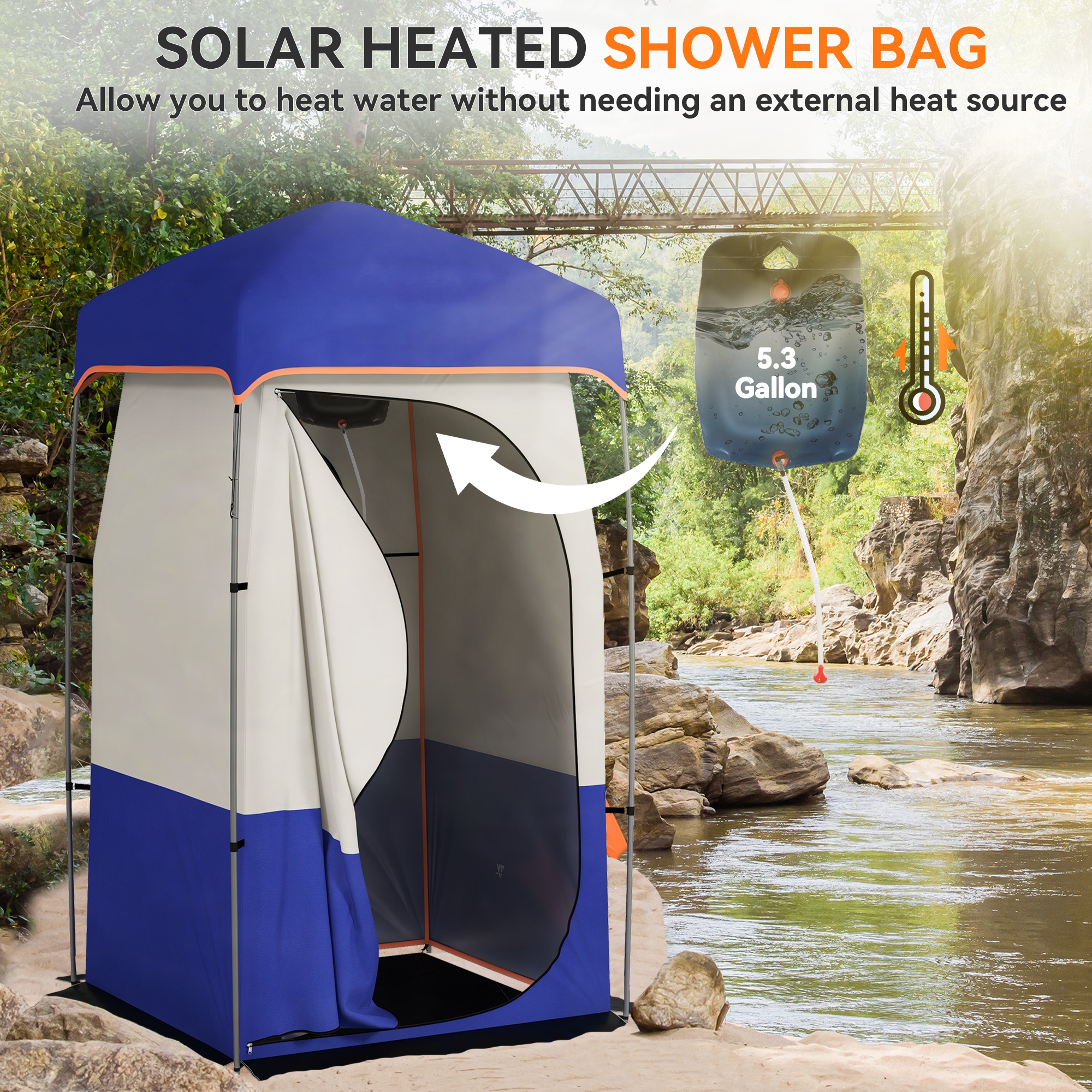  Camping Shower Tent, Portable Privacy Shelter with Solar Shower Bag, Removable Floor and Carrying Bag, Blue