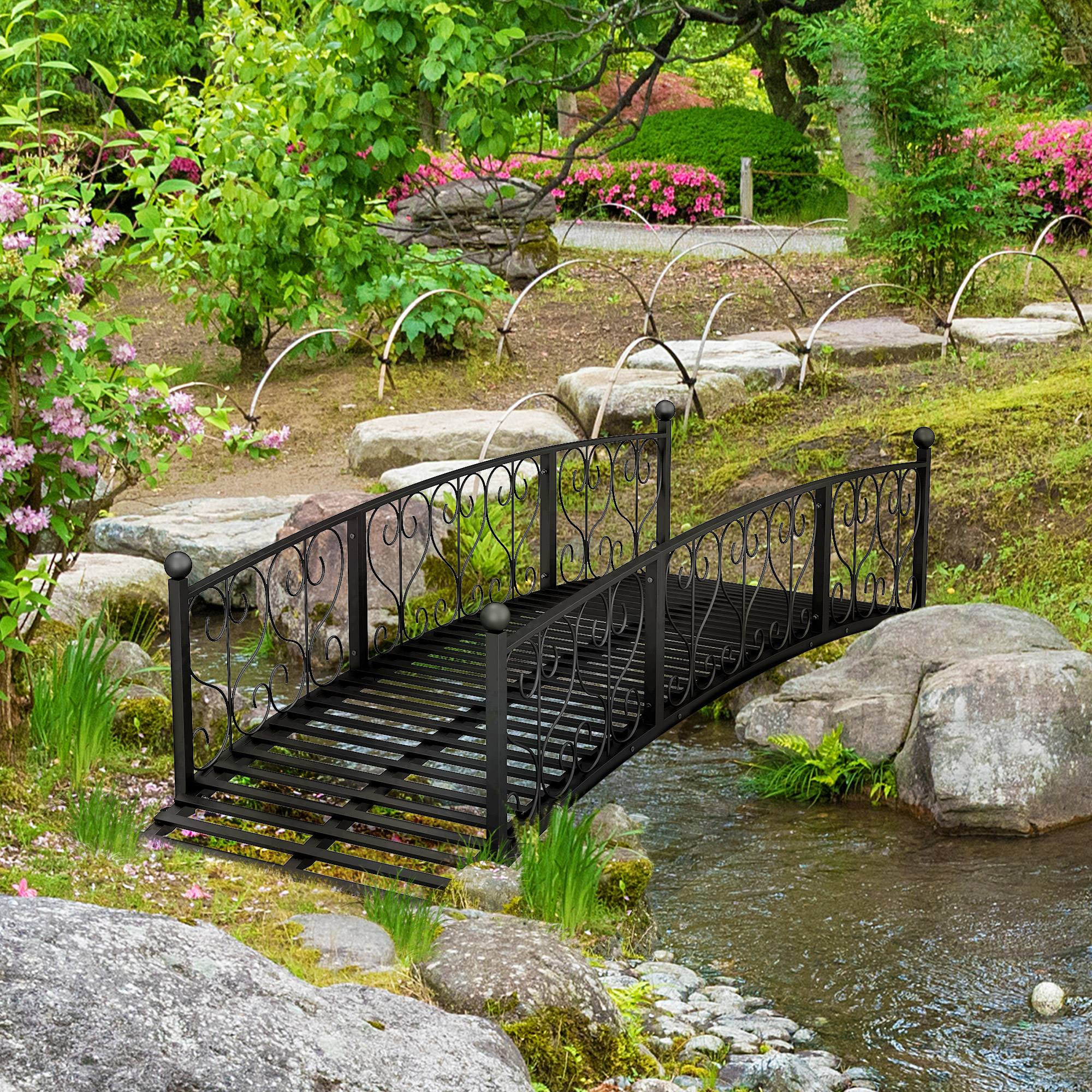 7 Metal Arch Garden Bridge Arc Footbridge with Side Railings Decorative Scrollwork, Black