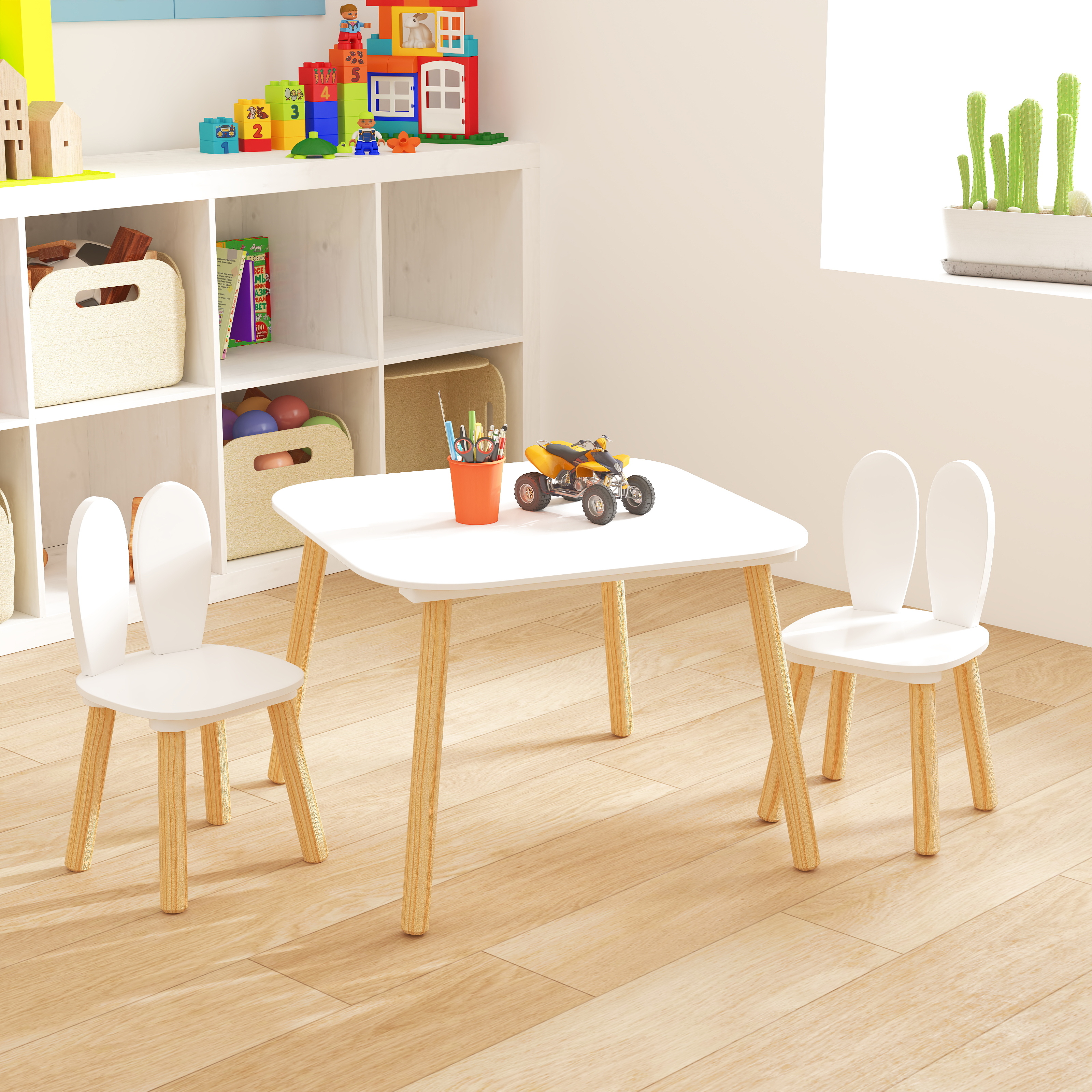 Kids Table And 2 Chairs Set, 3 Pieces Rabbit Themed Toddler Table And Chair Set, Children Wooden Activity Play Table Set Solid Wood Legs White - Image 1