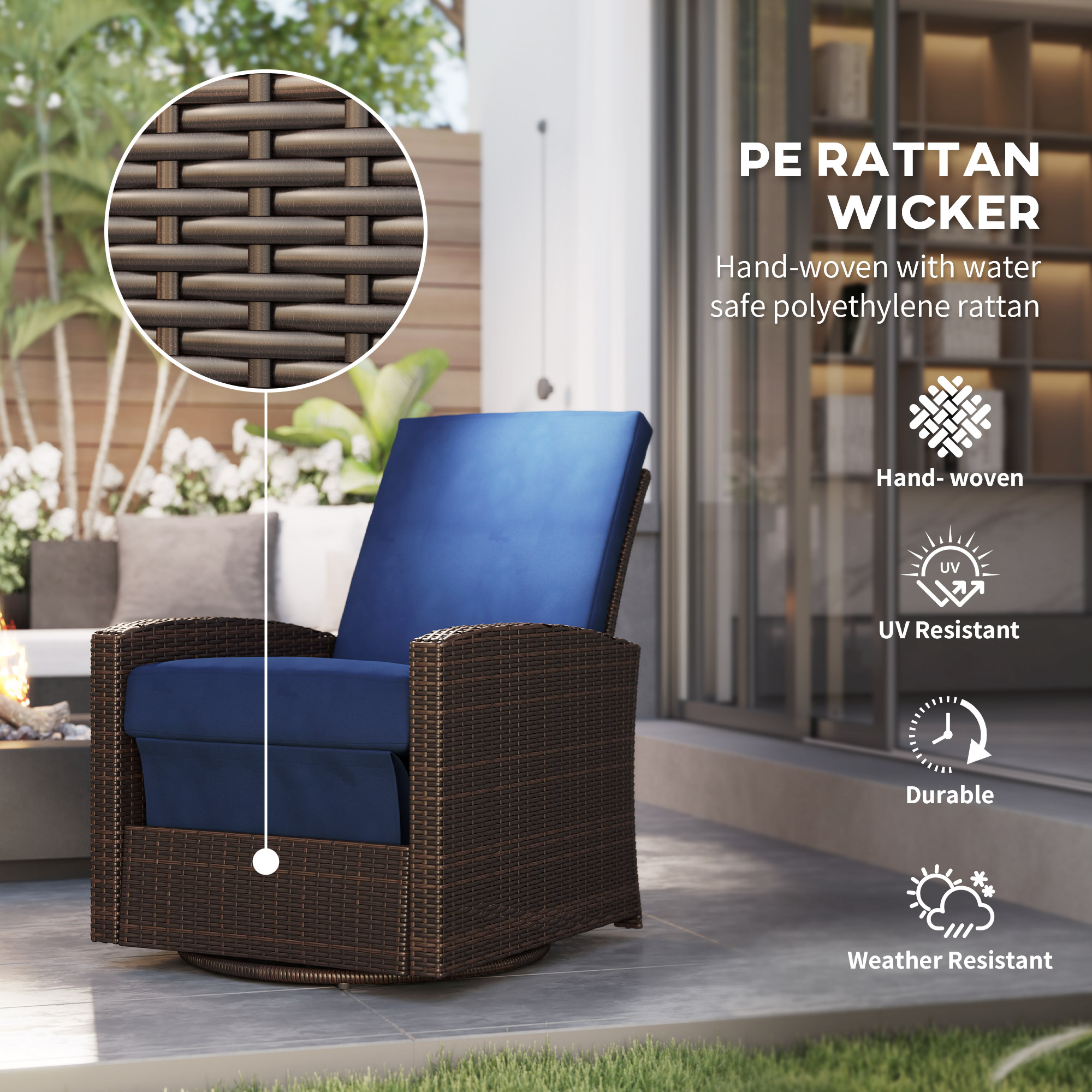  Outdoor Wicker Swivel Recliner Chair, Reclining Backrest, Lifting Footrest, 360° Rotating Basic, Water Resistant Cushions for Patio, Dark Blue