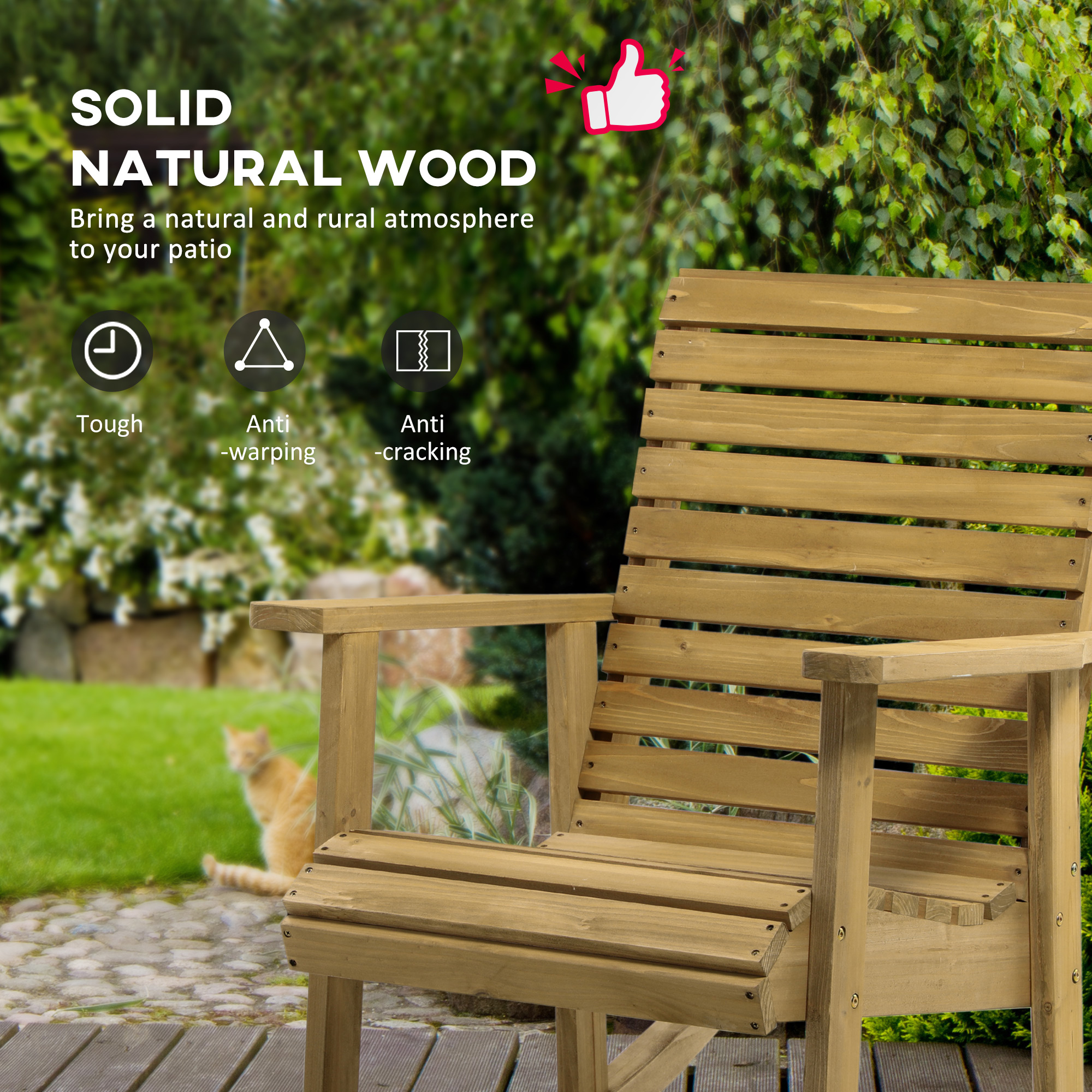  Wooden Outdoor Rocking Chair, Traditional Slatted Wood Rocker Chair with Armrests and High Backrest for Indoor & Outdoor, Light Brown