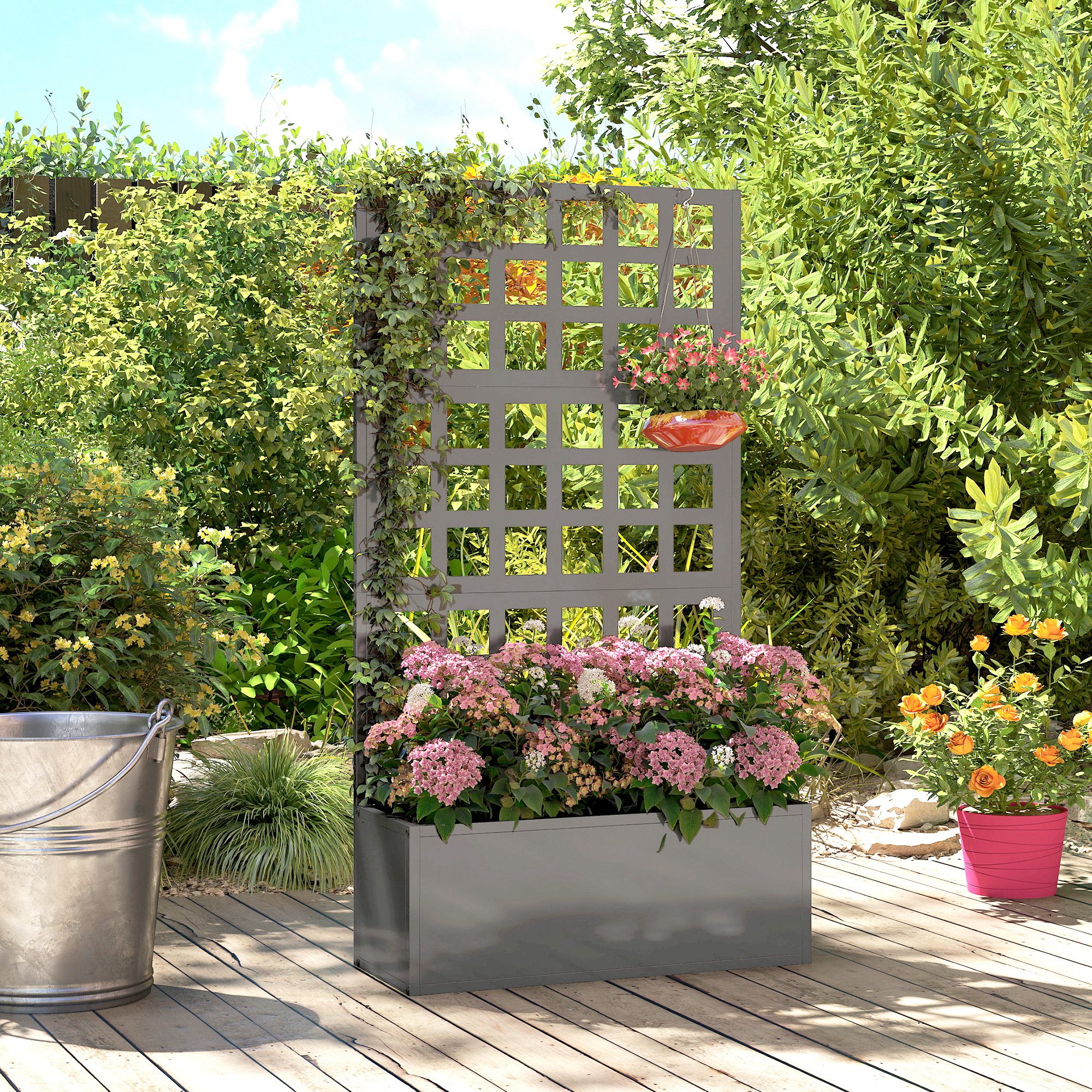  Galvanized Raised Garden Bed Planter Box with Trellis for Climbing Plants, Vegetable, Vines, 24" x 9" x 44.5", Gray