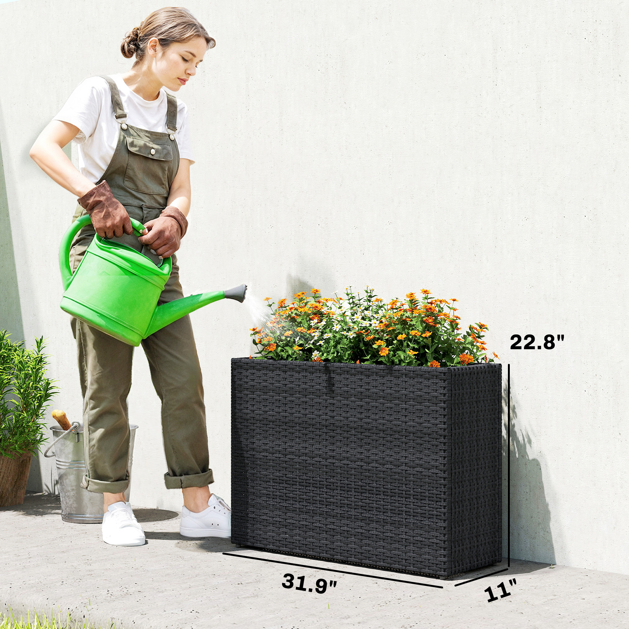  Tall Rectangular Planter with Removable Liner, Holes, PE Wicker Large Planter Box for Indoor Outdoor Plants, Black