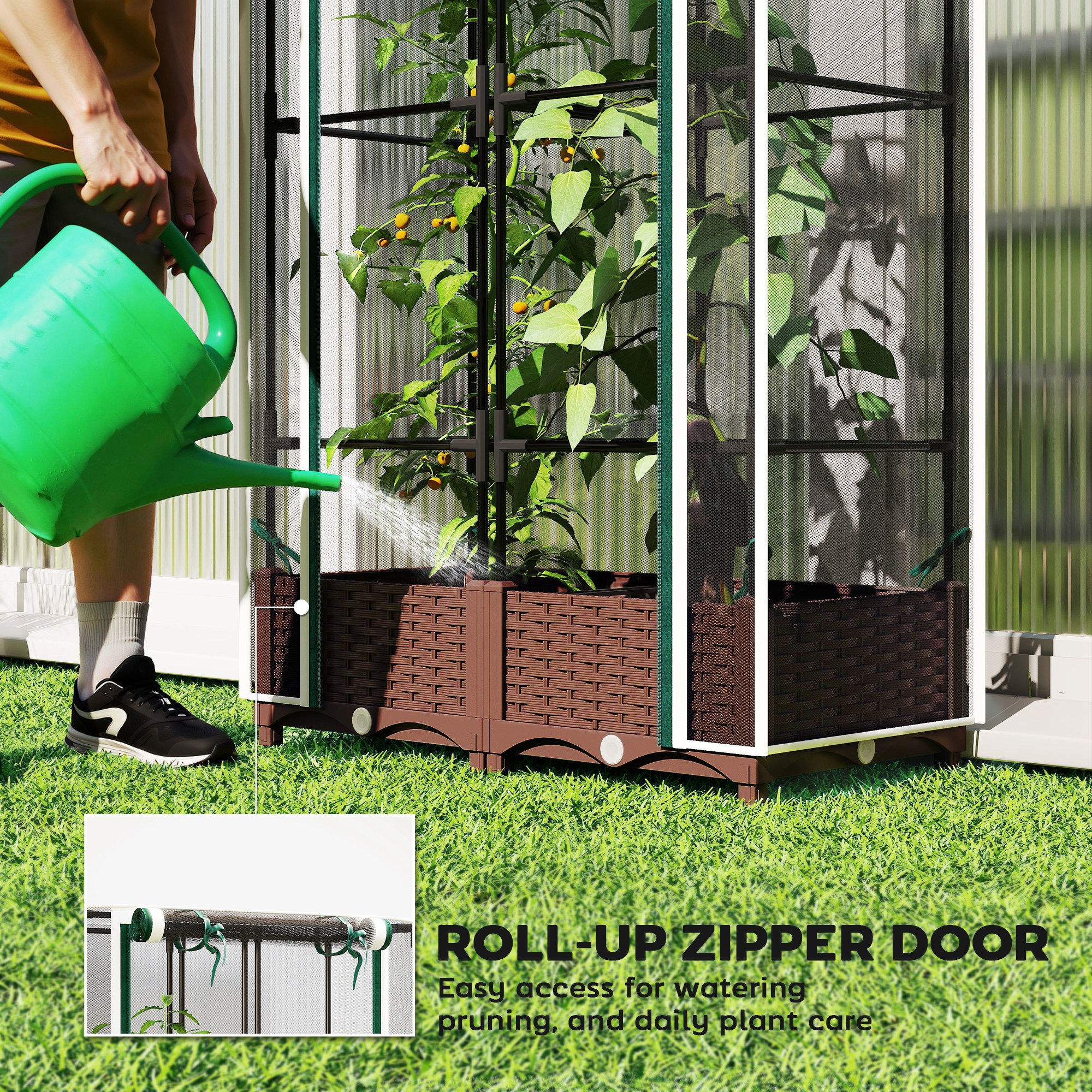  Raised Garden Bed with Trellis, 46.5" Tomato Cage with Crop Cage, Self Watering Planter Box with Drainage Holes, White