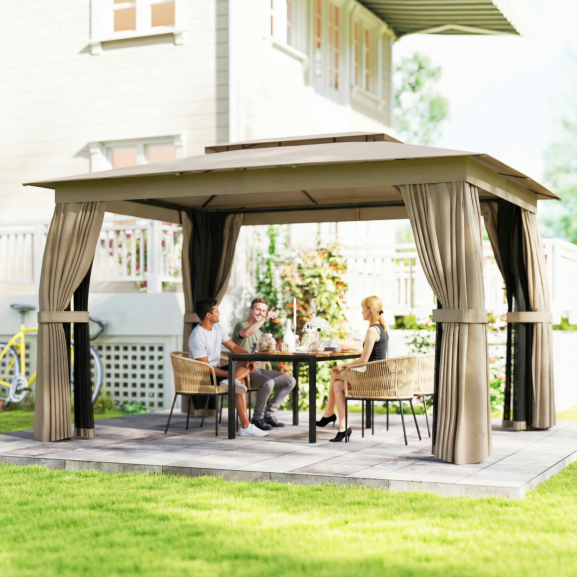  10' x 12' Outdoor Patio Gazebo, Soft Top Gazebo Canopy Shelter with Curtains, Netting, Steel Frame, Hooks, Khaki