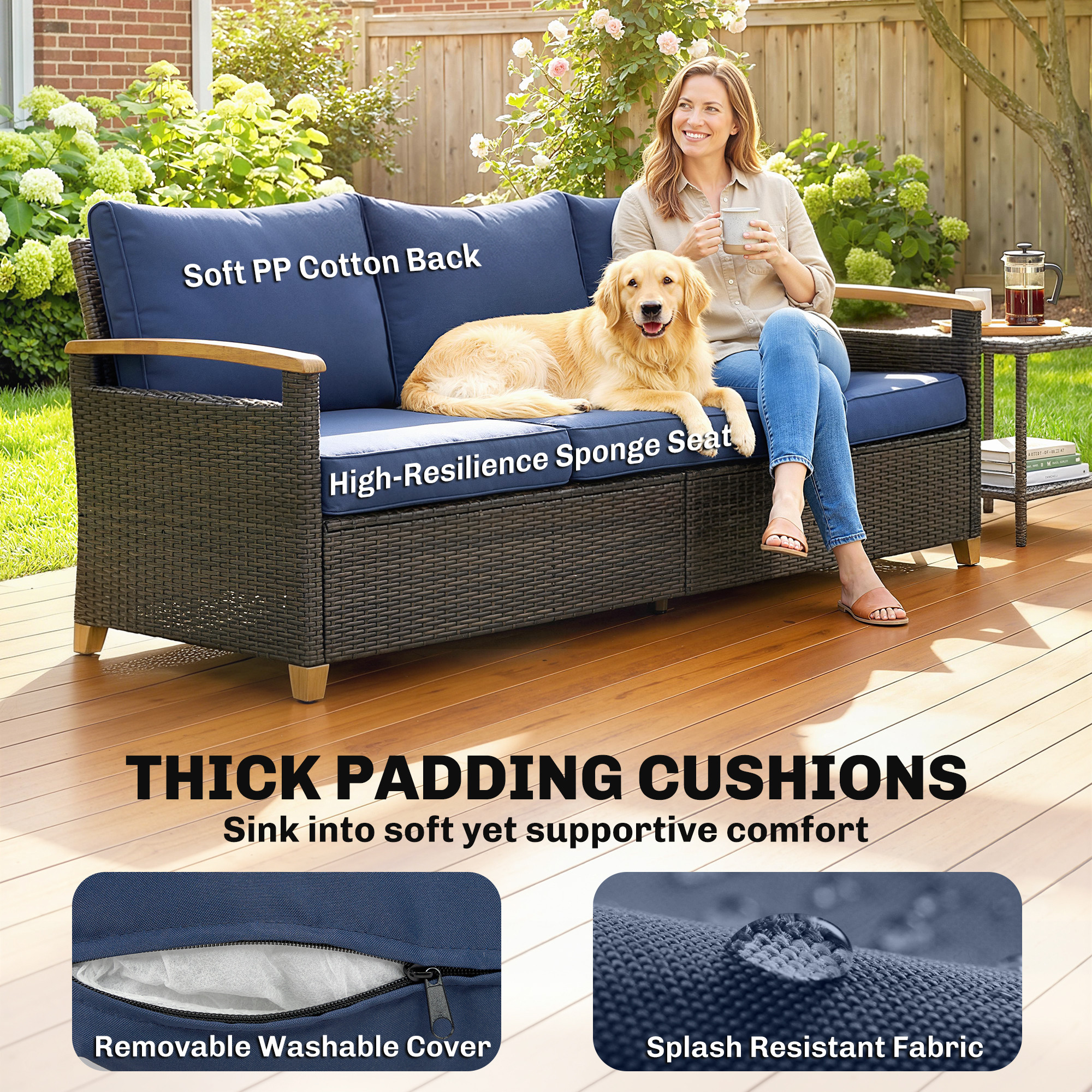 3 Seater Outdoor Couch Sofa, PE Wicker Patio Sofa, Wide Deep Seat, 4" Cushions, Wood-Effect Armrests Legs, Dark Blue