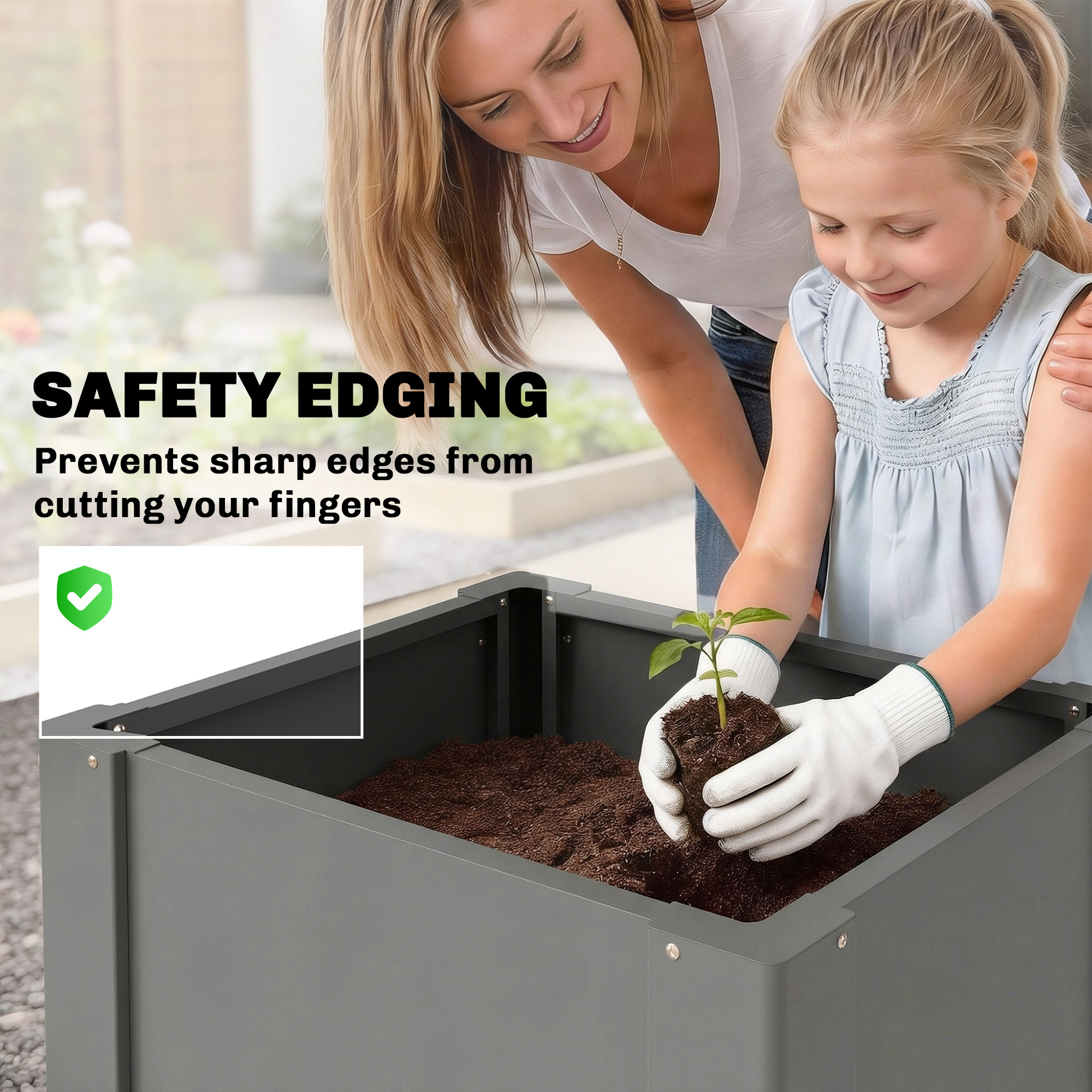  Raised Garden Bed Galvanized Planter Box Outdoor with Gloves for Gardening Vegetables, Flower, Herb, 1.4 x 1.4 x 1.5 ft, Gray