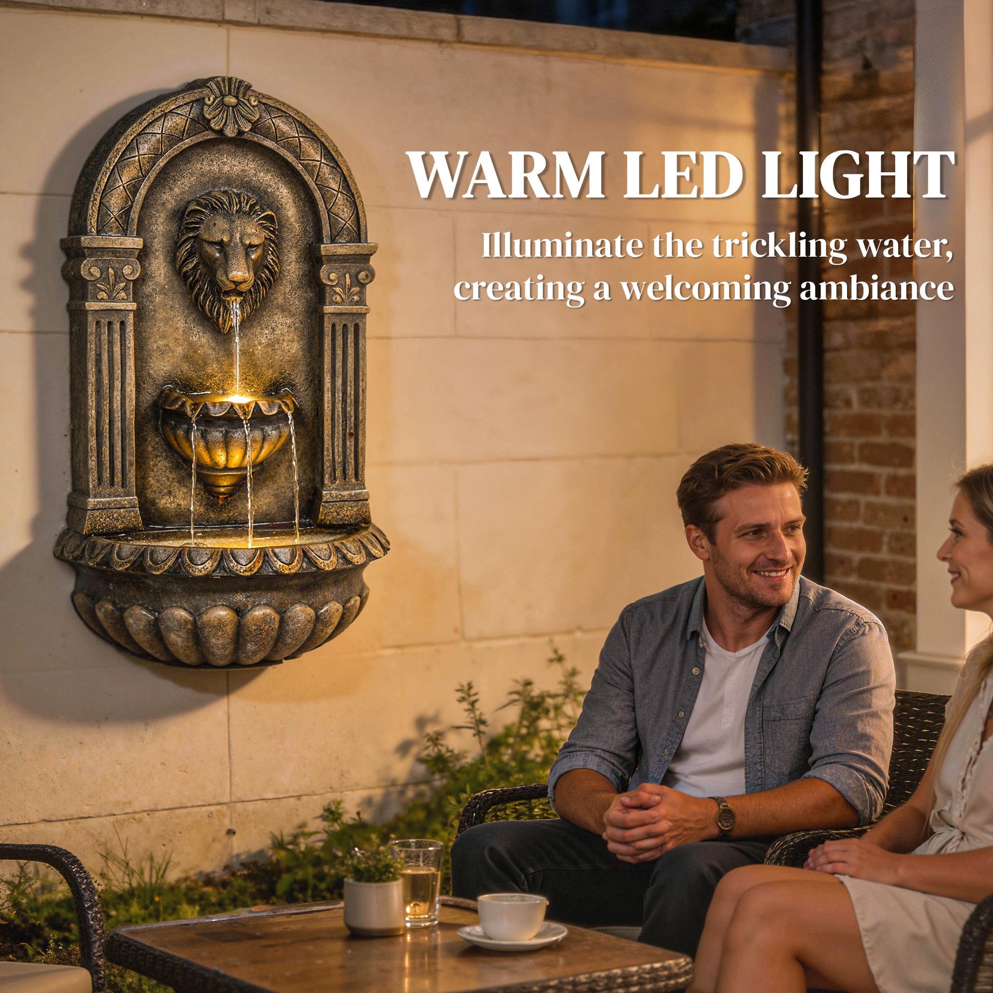  31" Wall-Mounted Outdoor Fountain, 3-Tier Cascading Waterfall Feature with LED Lights and Adjustable Flow, Bronze