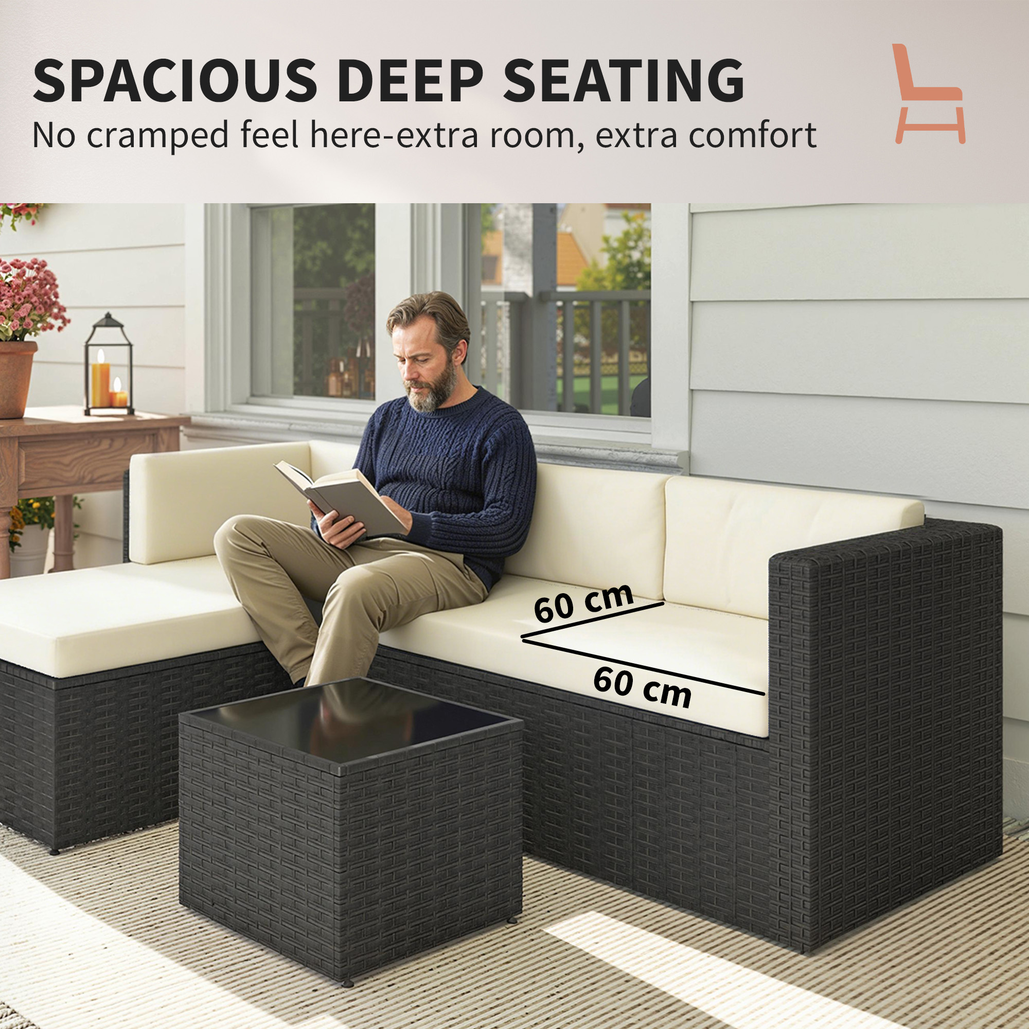  3 Piece Patio Furniture Set, Wicker Outdoor Patio Conversation Furniture Set with Cushions, Glass Top Table, Beige