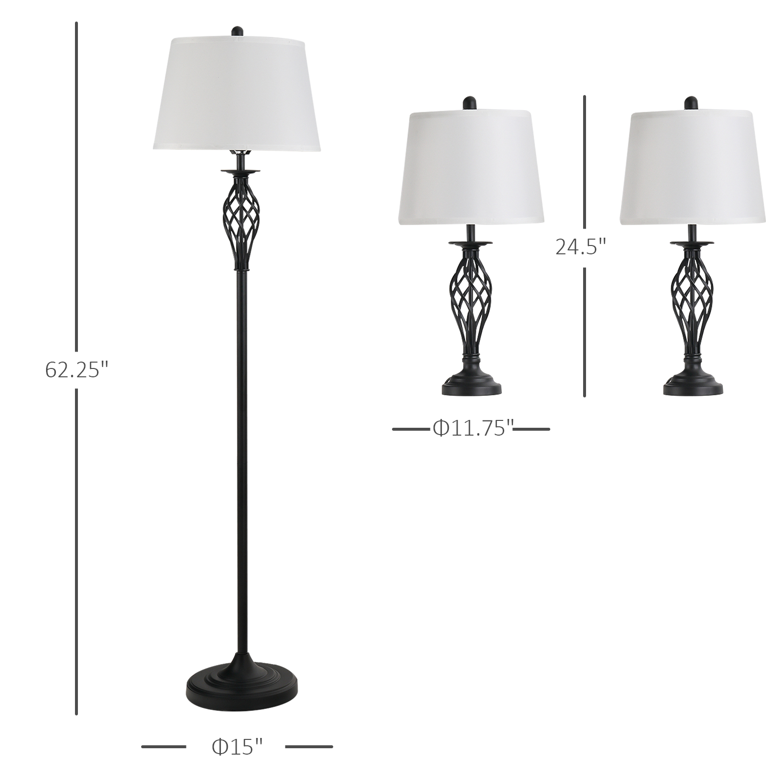  3 Piece Table Floor Lamp Set with Metal Pole, Round Base, and Fabric Lampshade, for Living Room, Black/White